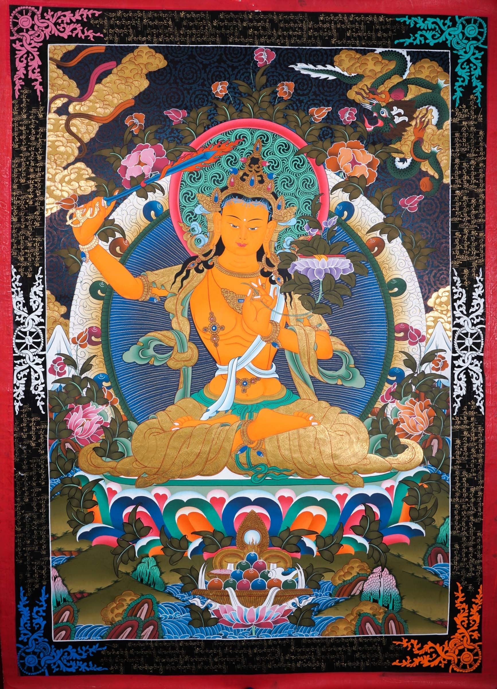 Sword of Wisdom - Manjushri Thangka Painting - Lucky Thanka