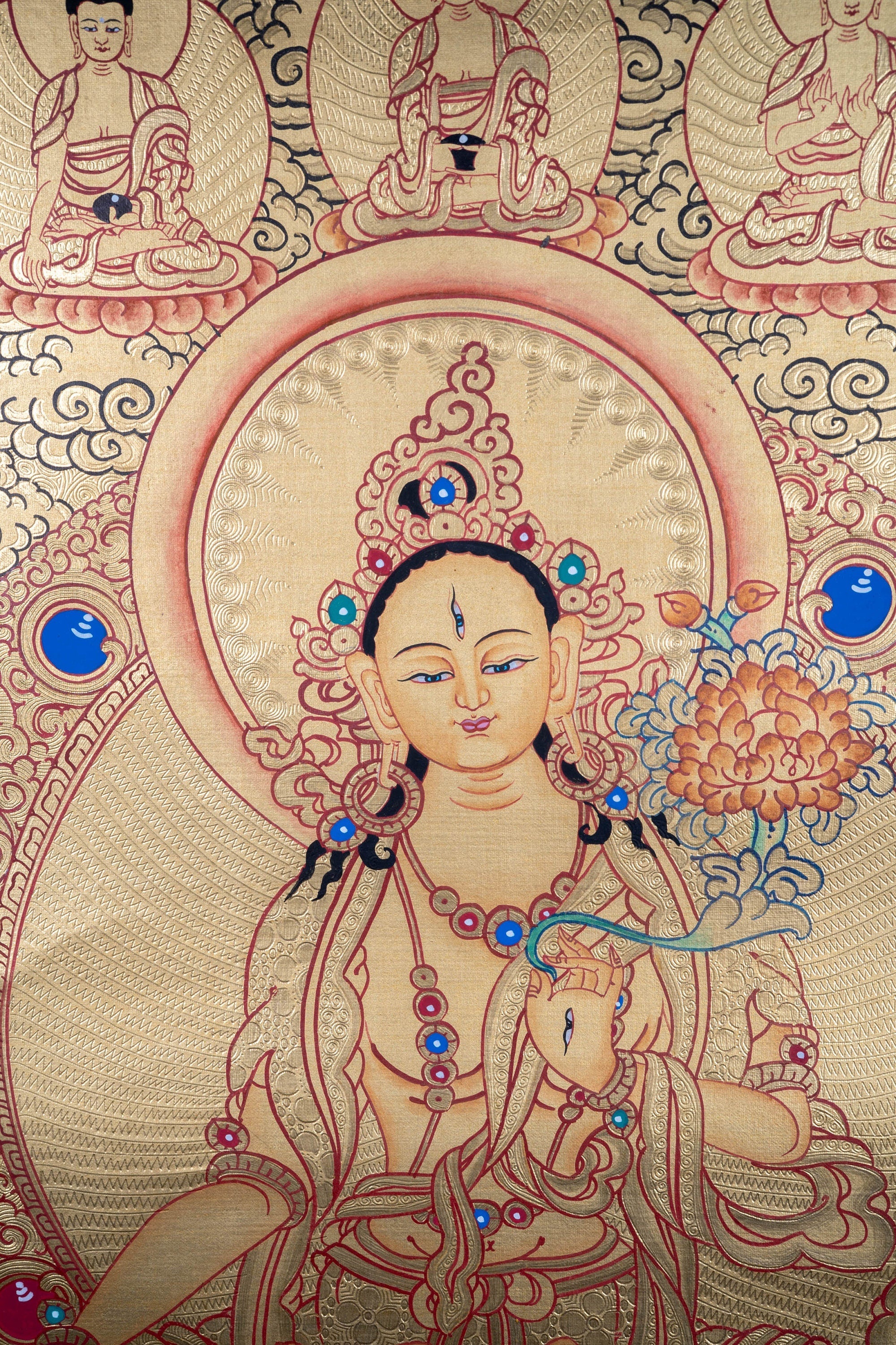 White Tara with Five Buddhas Thangka - Lucky Thanka