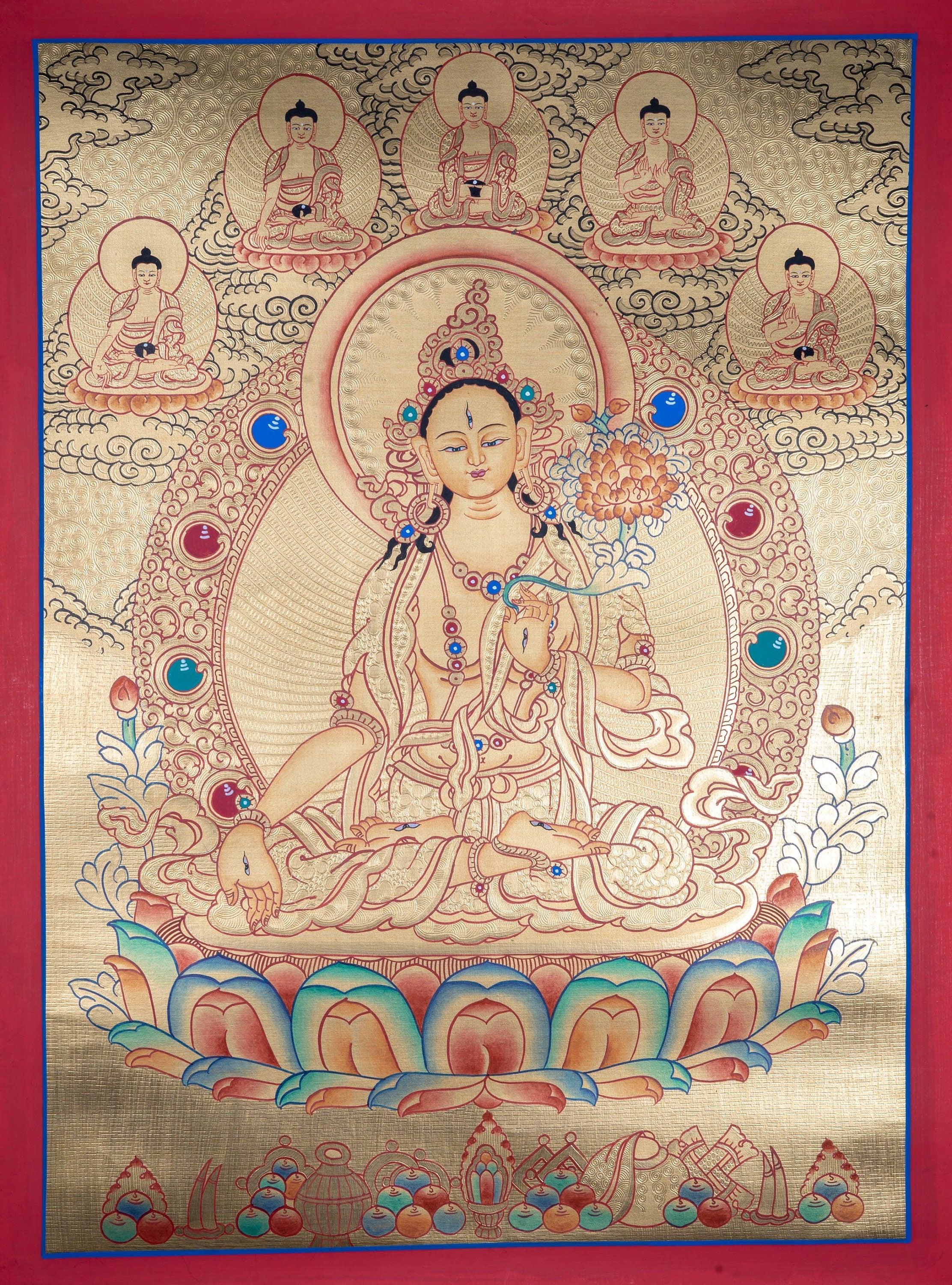 White Tara with Five Buddhas Thangka - Lucky Thanka
