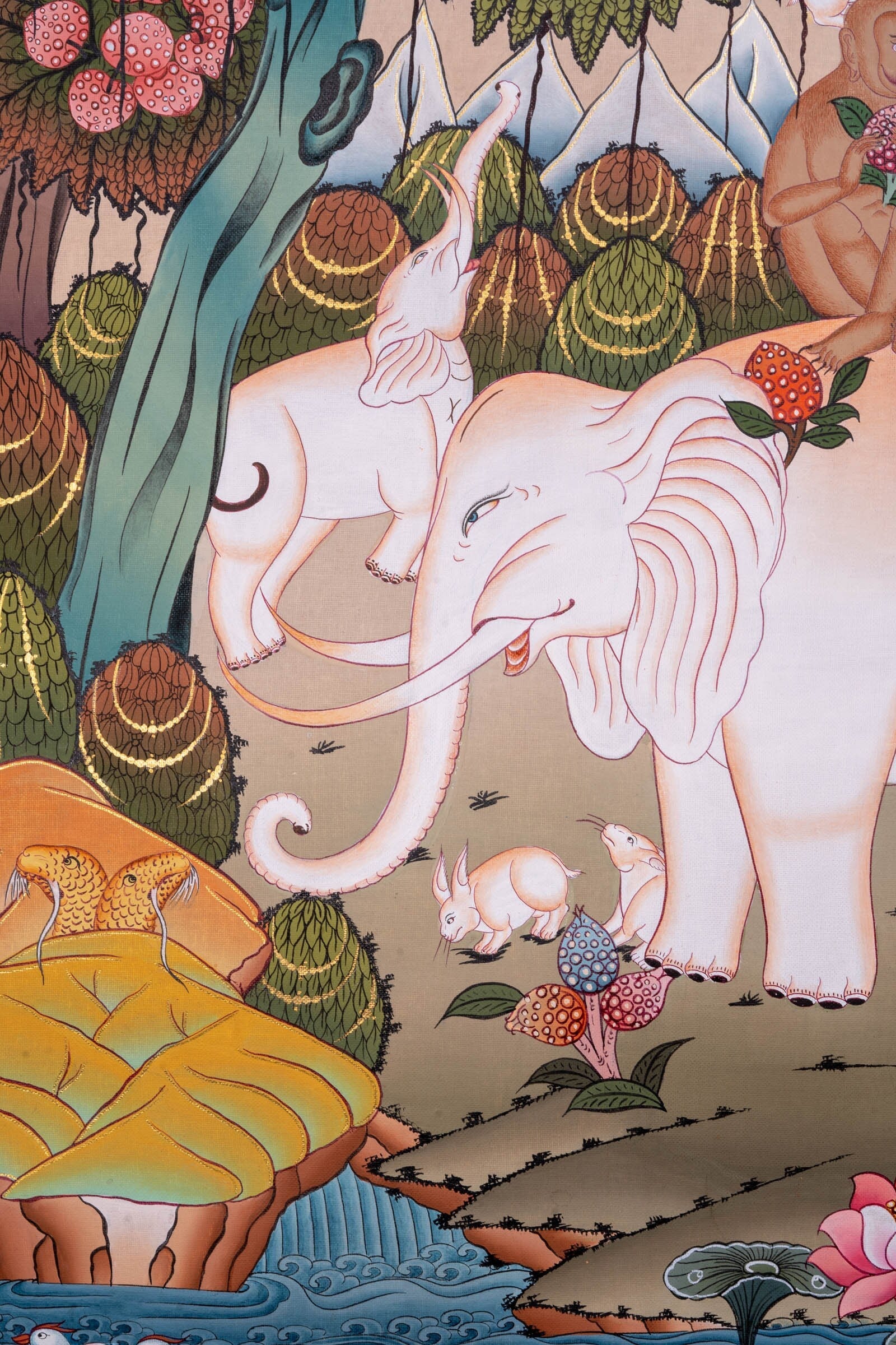 Thangka Painting of 4 Harmonious Friends - Lucky Thanka