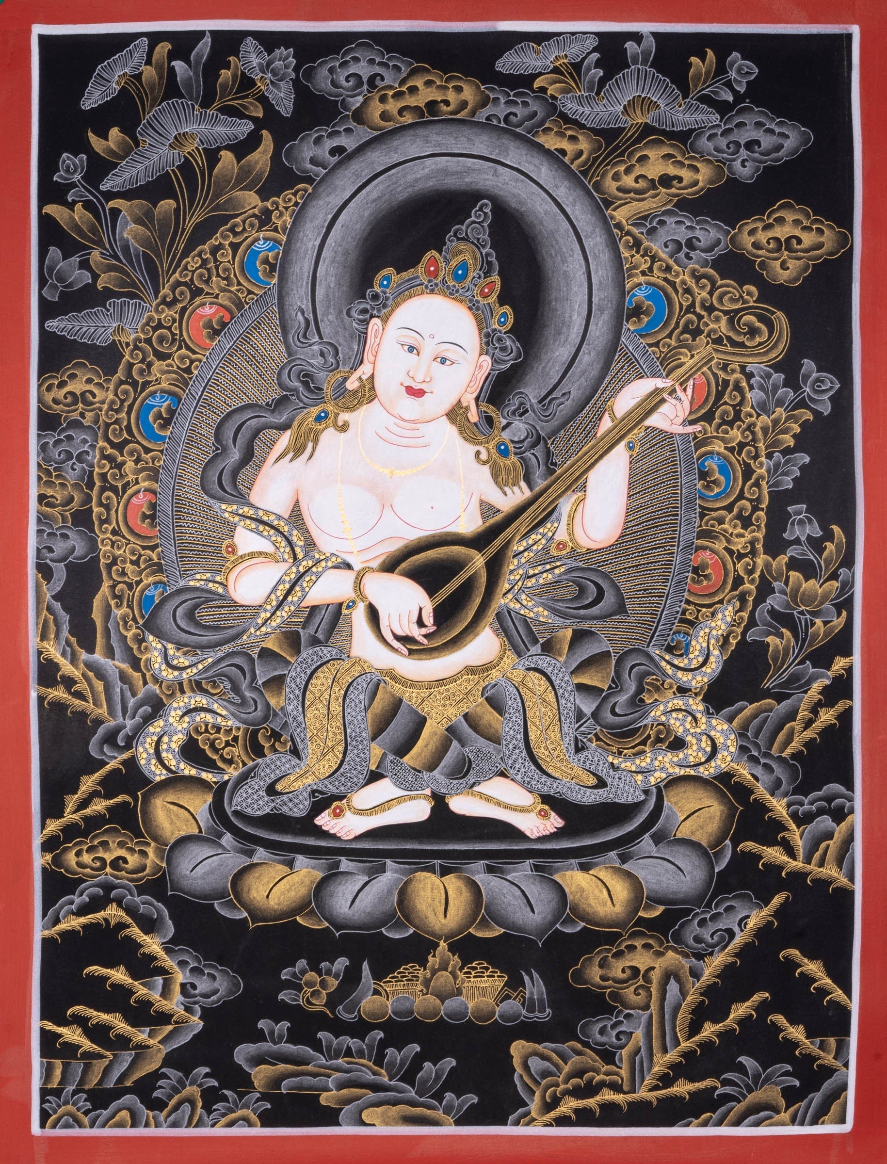 Handmade Thangka Painting of Saraswoti - Lucky Thanka