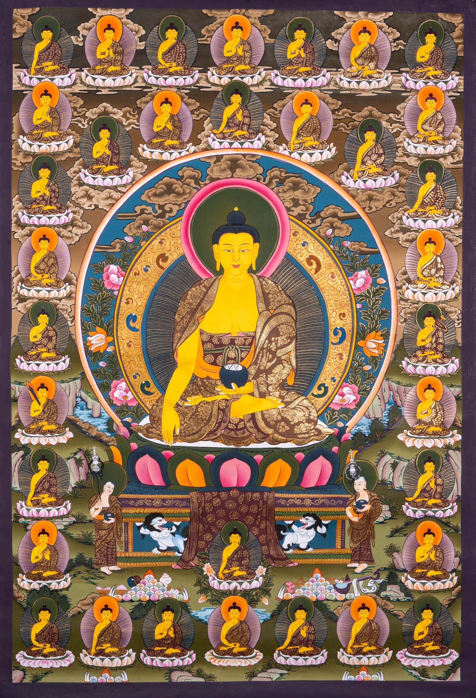 Thangka Painting of Shakyamuni Buddha with 35 Buddhas - Lucky Thanka