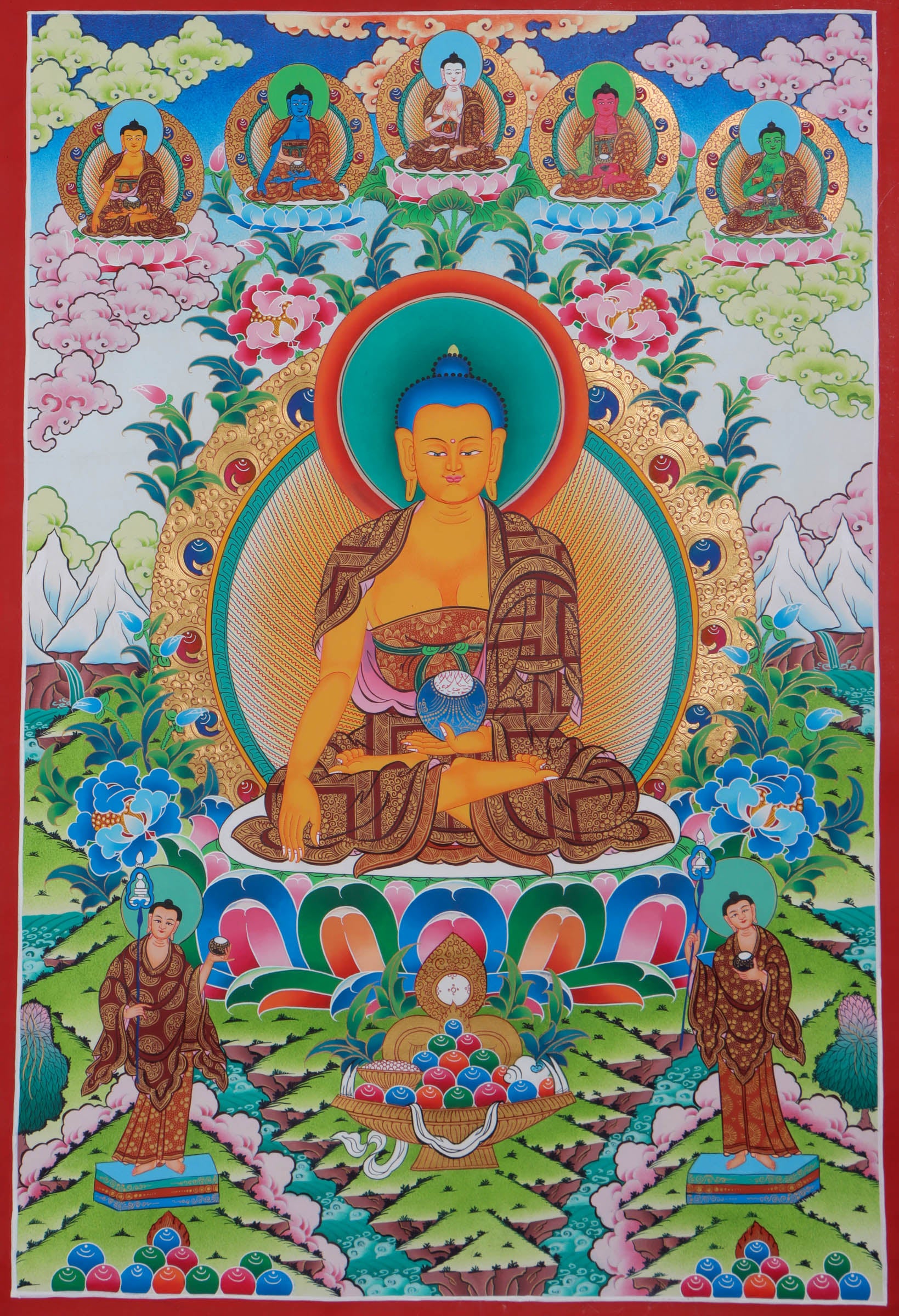 Shakymuni Buddha Thangka Art - Sha Buddha with 5 Dhyani Buddha's - Lucky Thanka