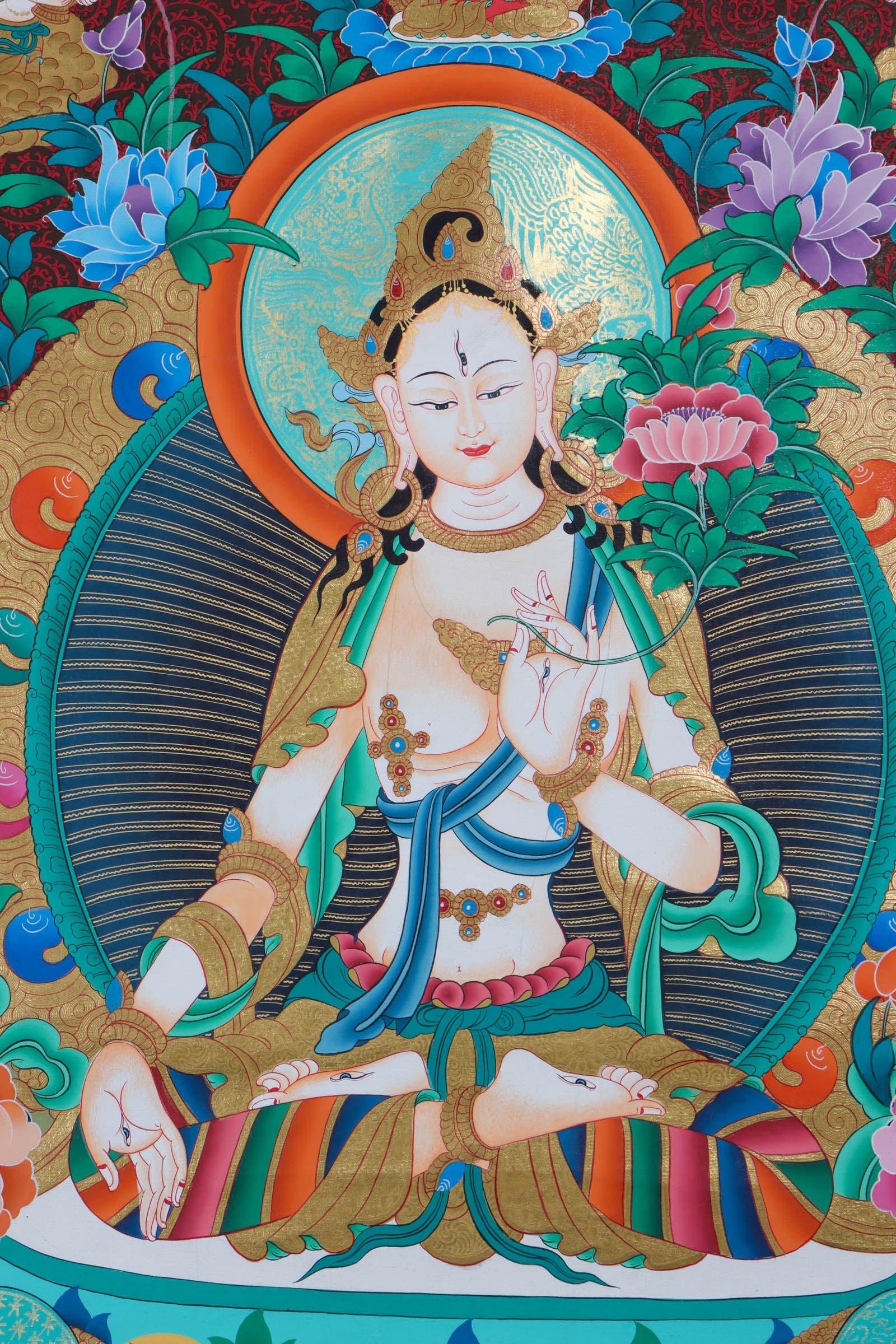 Handpainted White Tara Thangka Art - Painted using natural stone color - Lucky Thanka