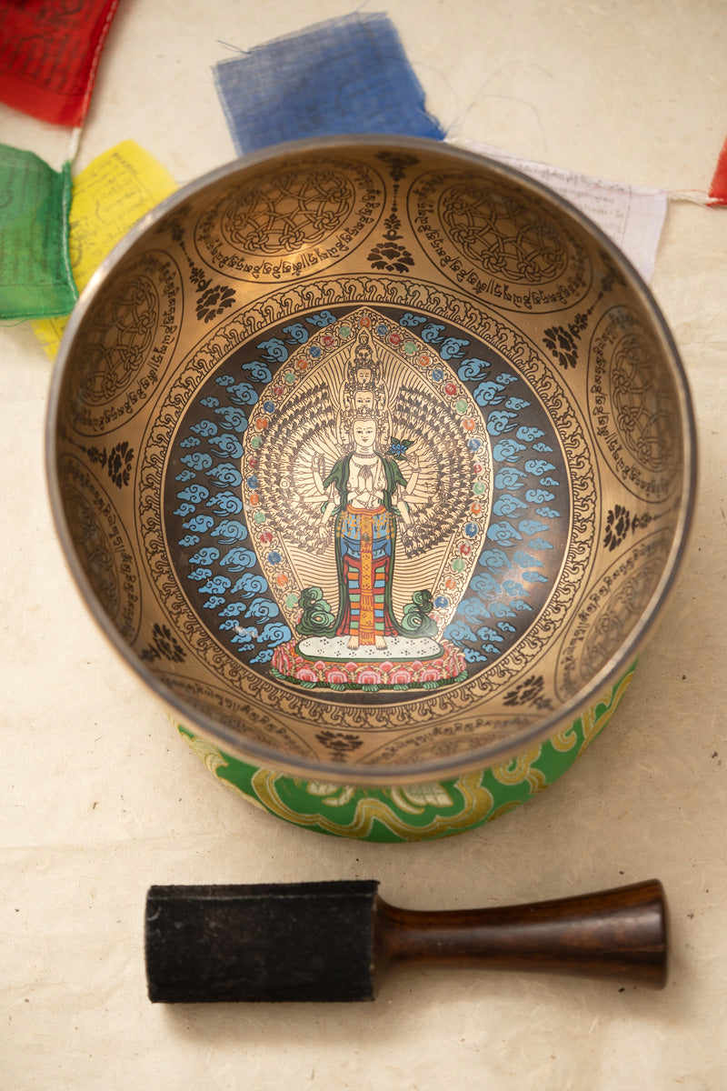 Avalokiteshvara Hand-Etched Singing Bowl for meditation.