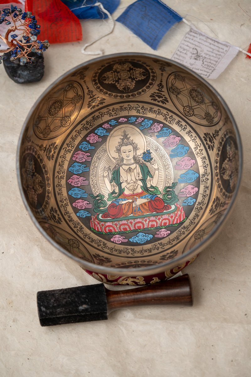 Chenrezig Singing Bowl - Hand-Painted with Sacred Thangka Art