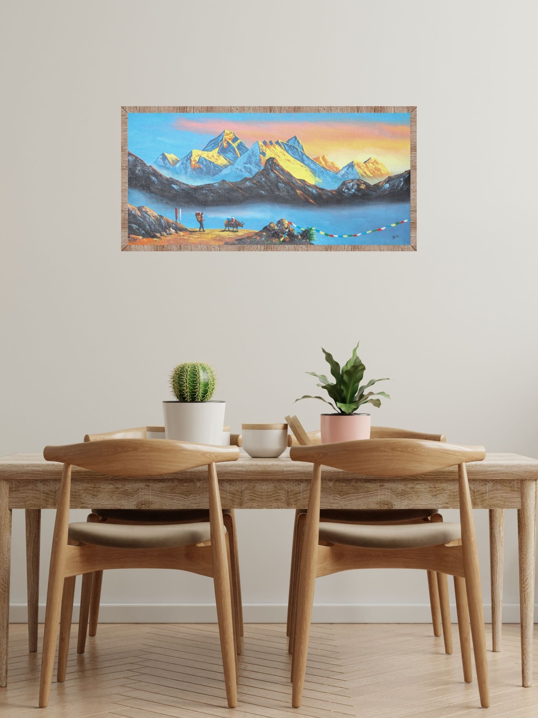 Oil Painting of Mt Everest with beautiful Natural Landscape of Sunrise.