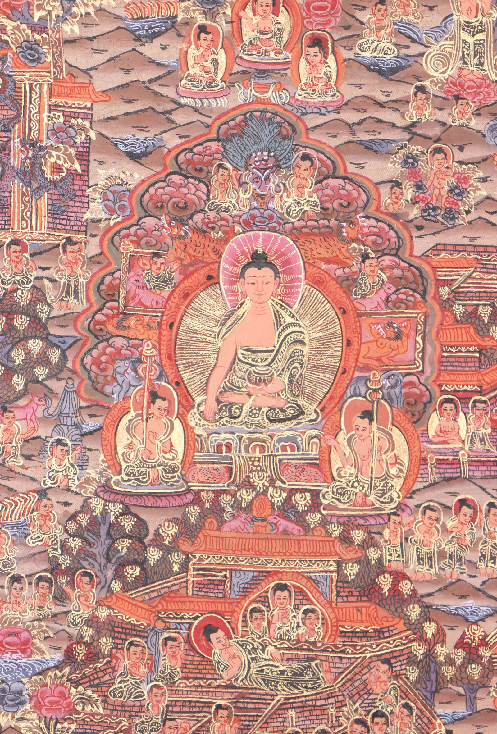 Buddha Life Thangka depicting the life and teachings of Gautama Buddha .