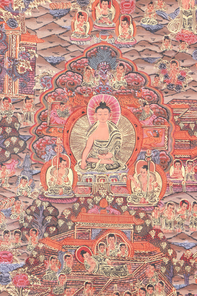 Buddha Life Thangka depicting the life and teachings of Gautama Buddha .