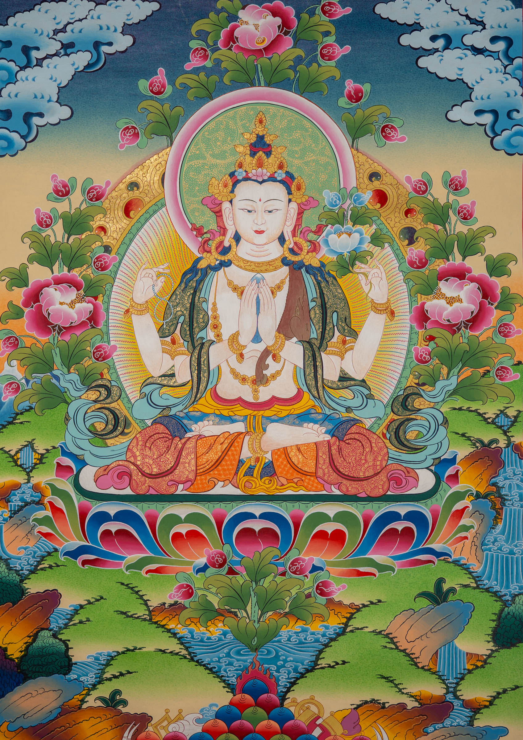 Chenrezig Hand-Painted Thangka – Spiritual Tibetan Art