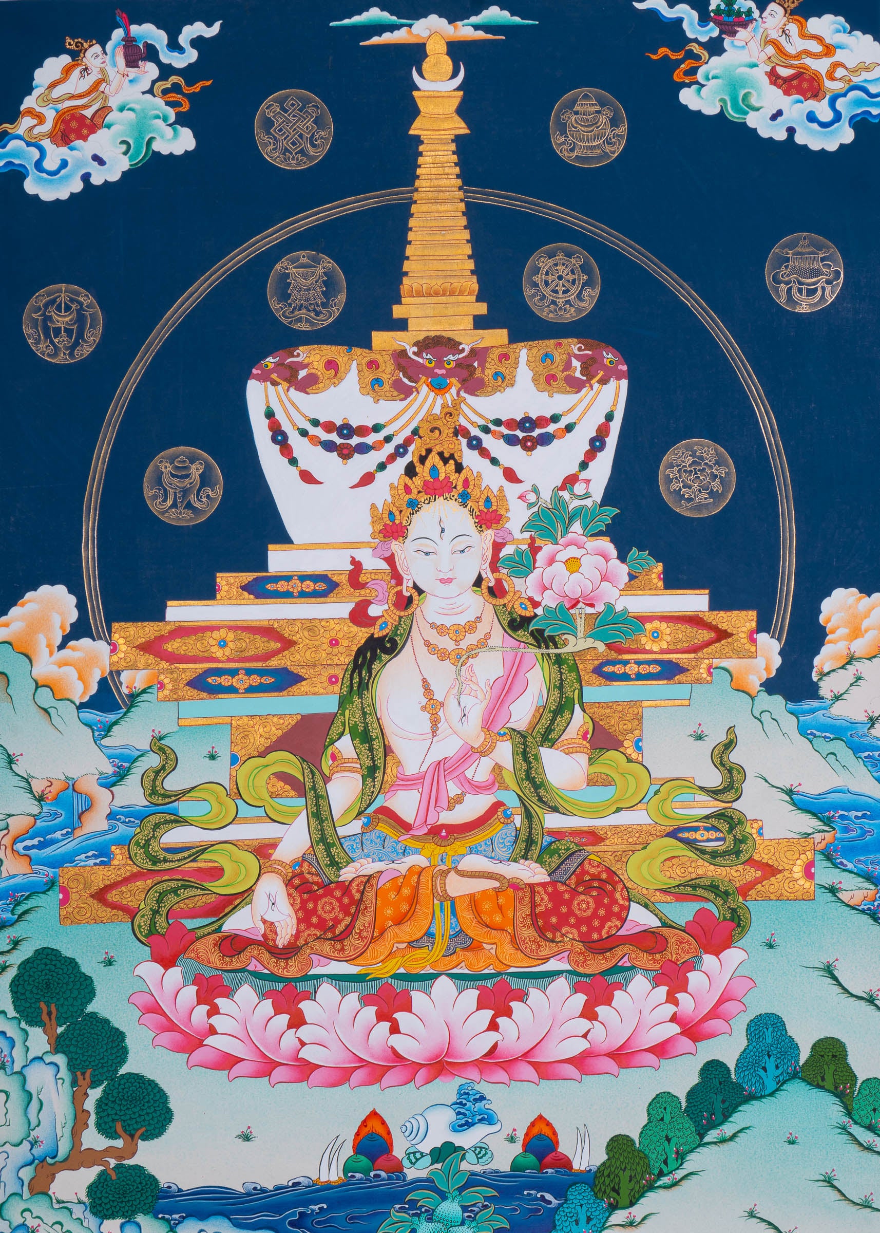 White Tara (Stupa) Thangka Painting - Handpainted art