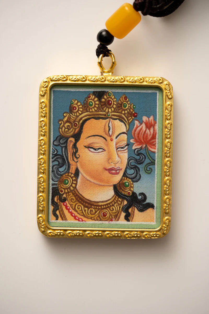 White Tara Ghau Thangka with Locket - Spiritual Pendant