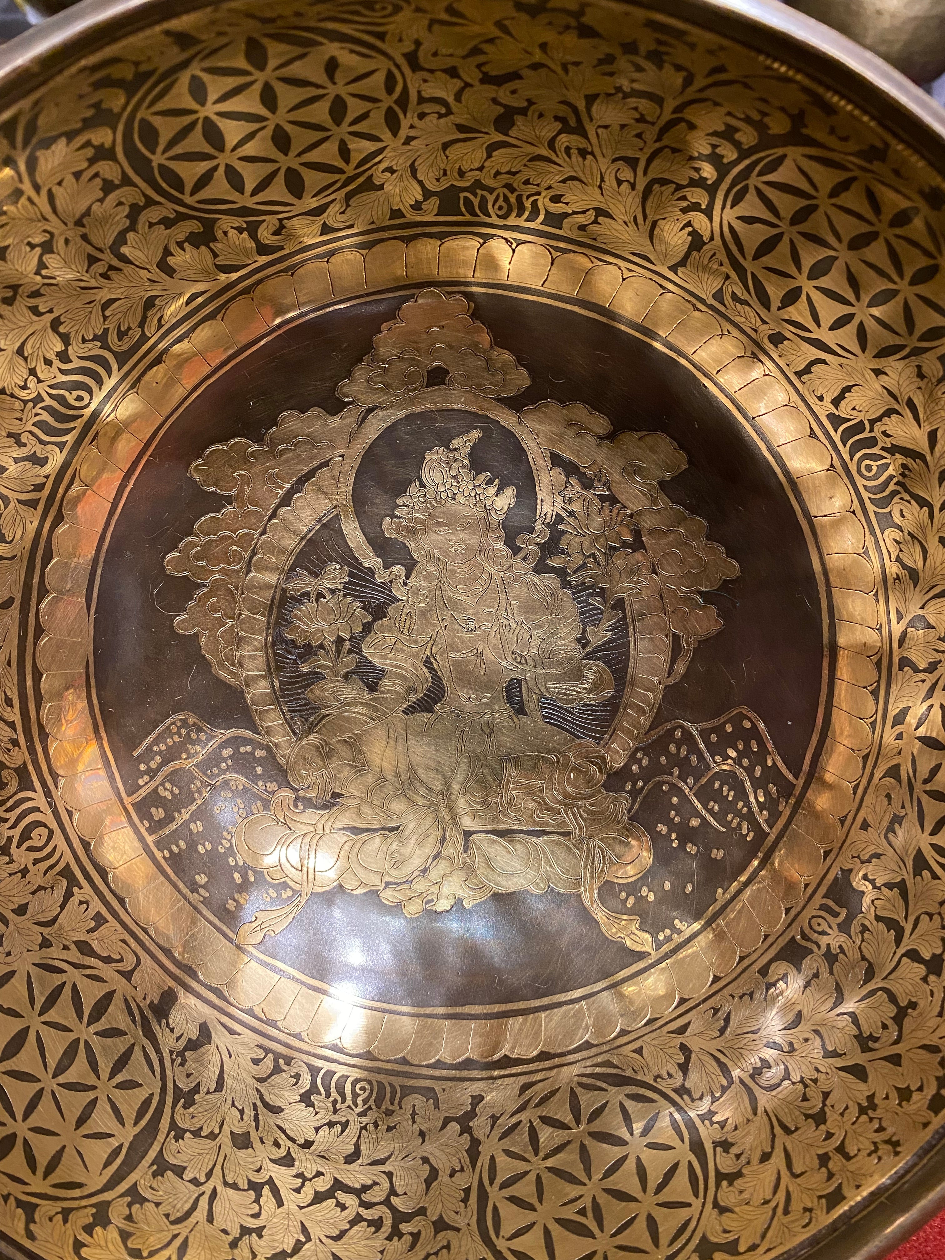Green Tara Carved Singing Bowl - Handcrafted Tibetan Art