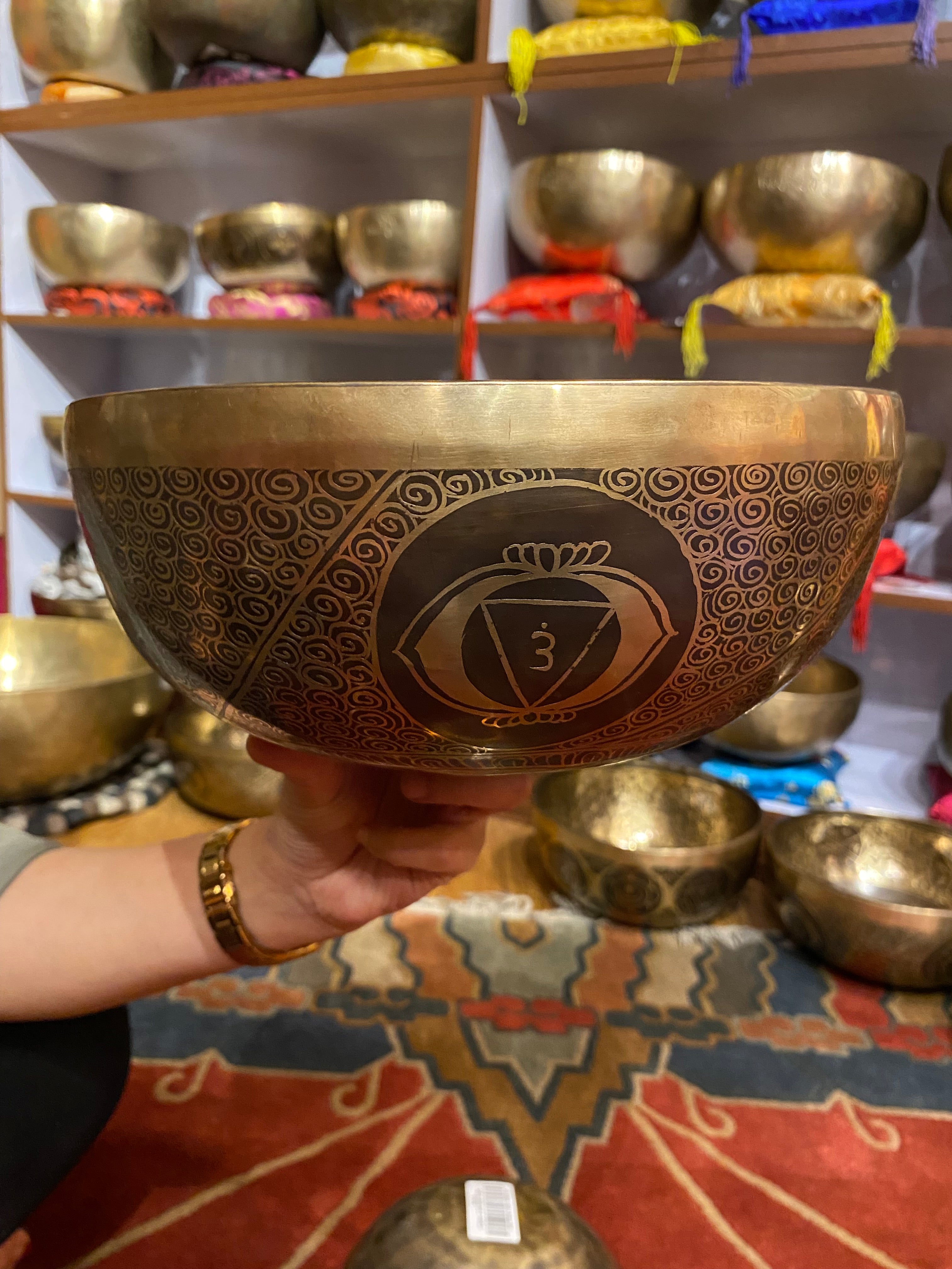 Handcrafted Green Tara Carved Singing Bowl - Tibetan Bowl for sound healing