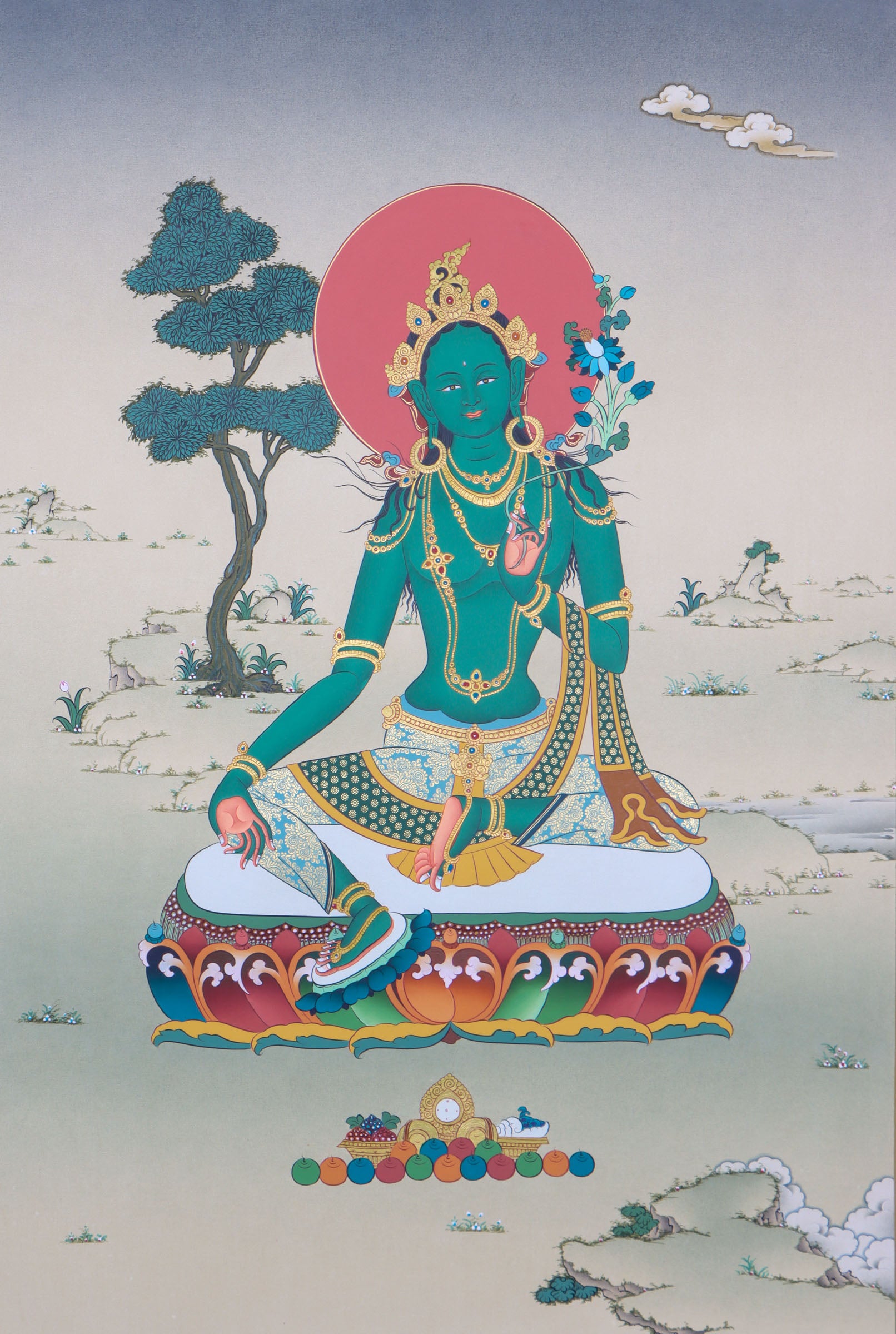 Green tara Thangka serves as a visual aid in positivity and mediation .