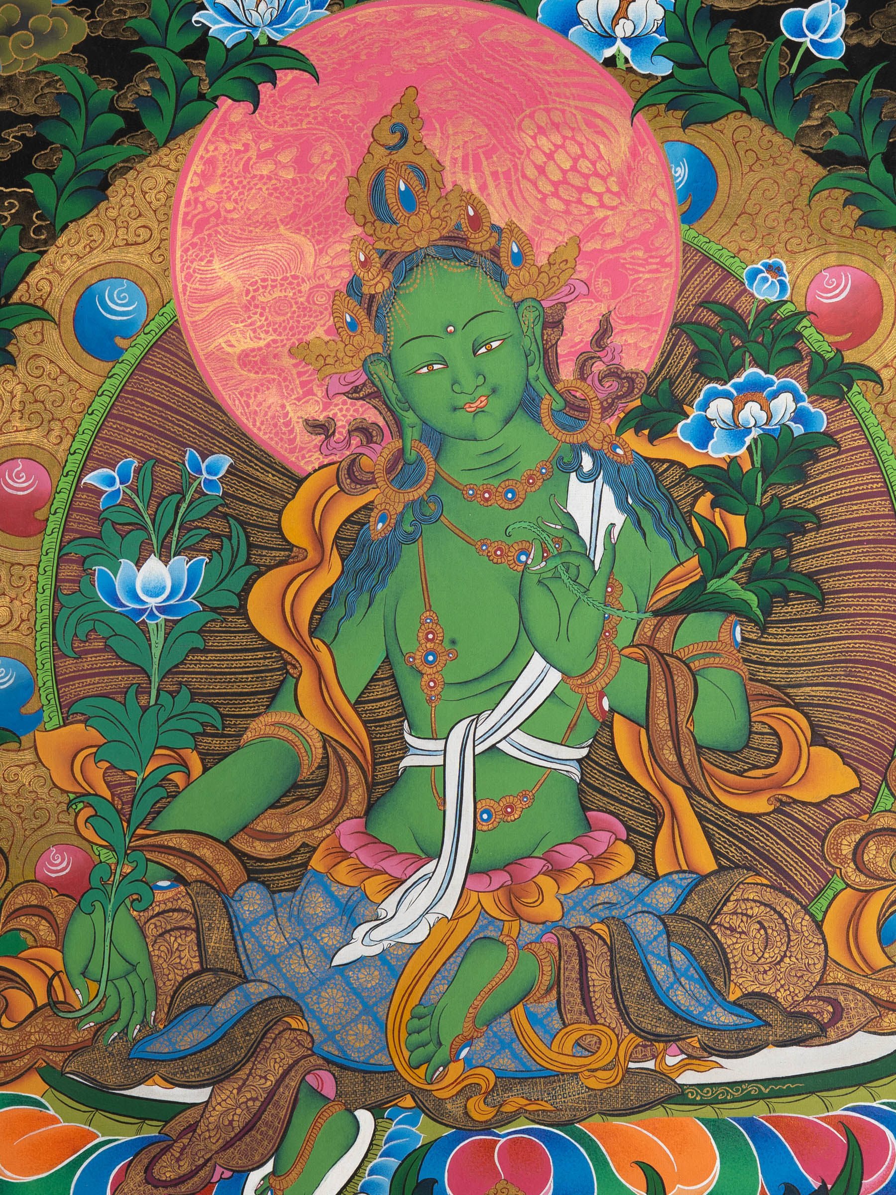 Hand-Painted Green Tara Thangka - Sacred Tibetan Art