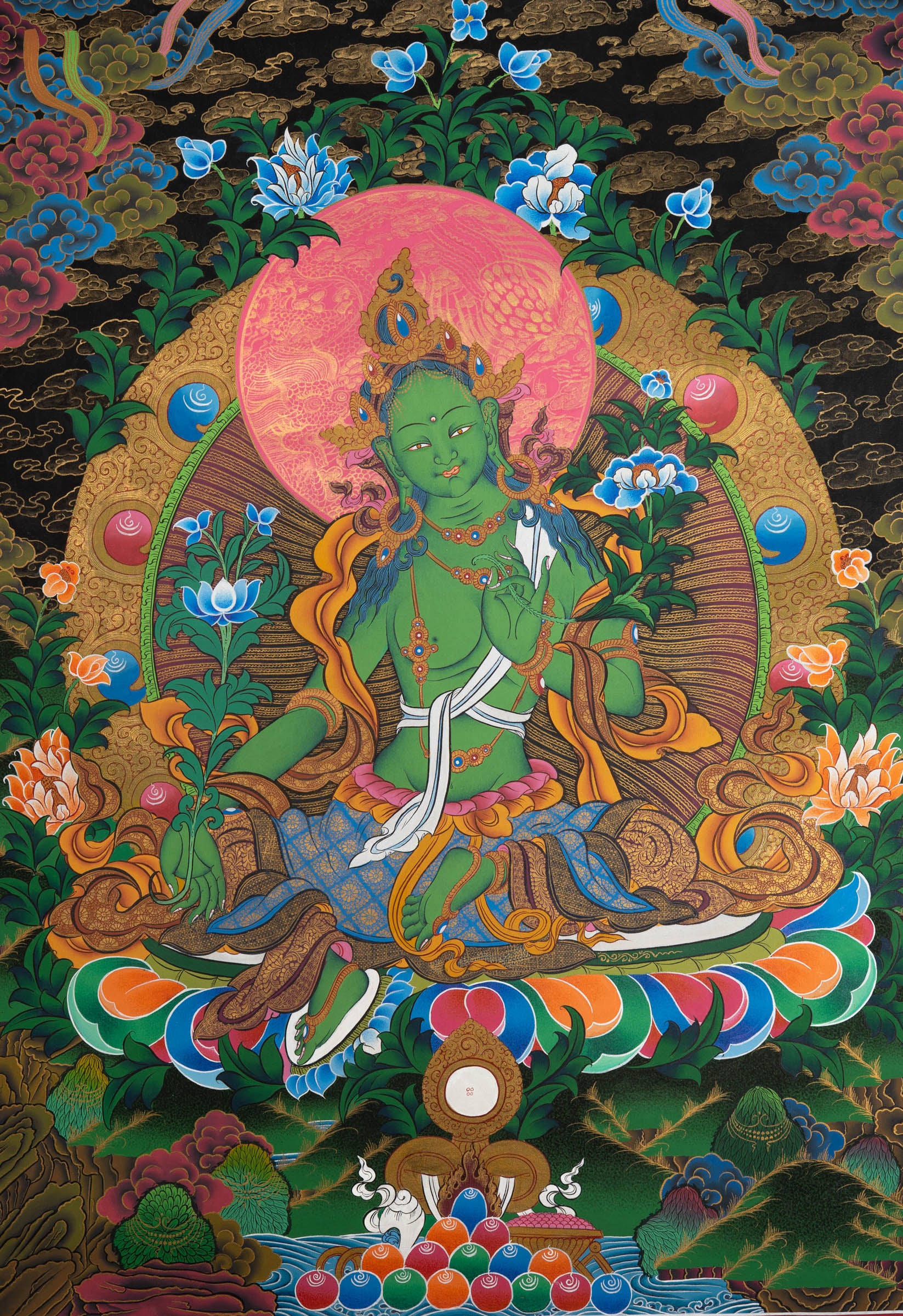 Hand-Painted Green Tara | Tibetan Buddhist Goddess Thangka – Lucky