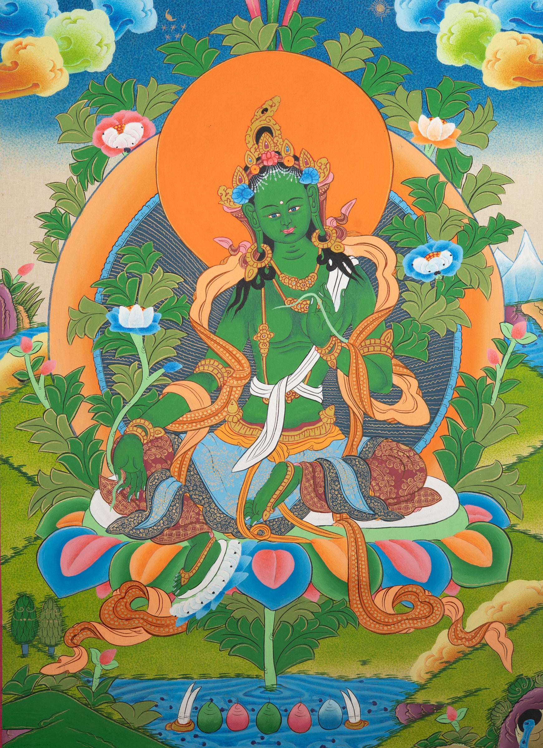 Tibetan Green Tara Thangka - Sacred Painting 