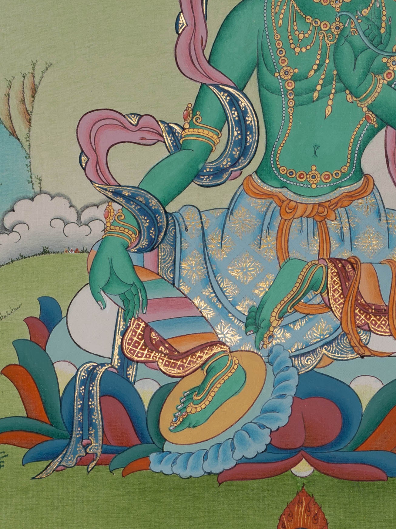 Hand-painted Green Tara Thangka - Tibetan Art
