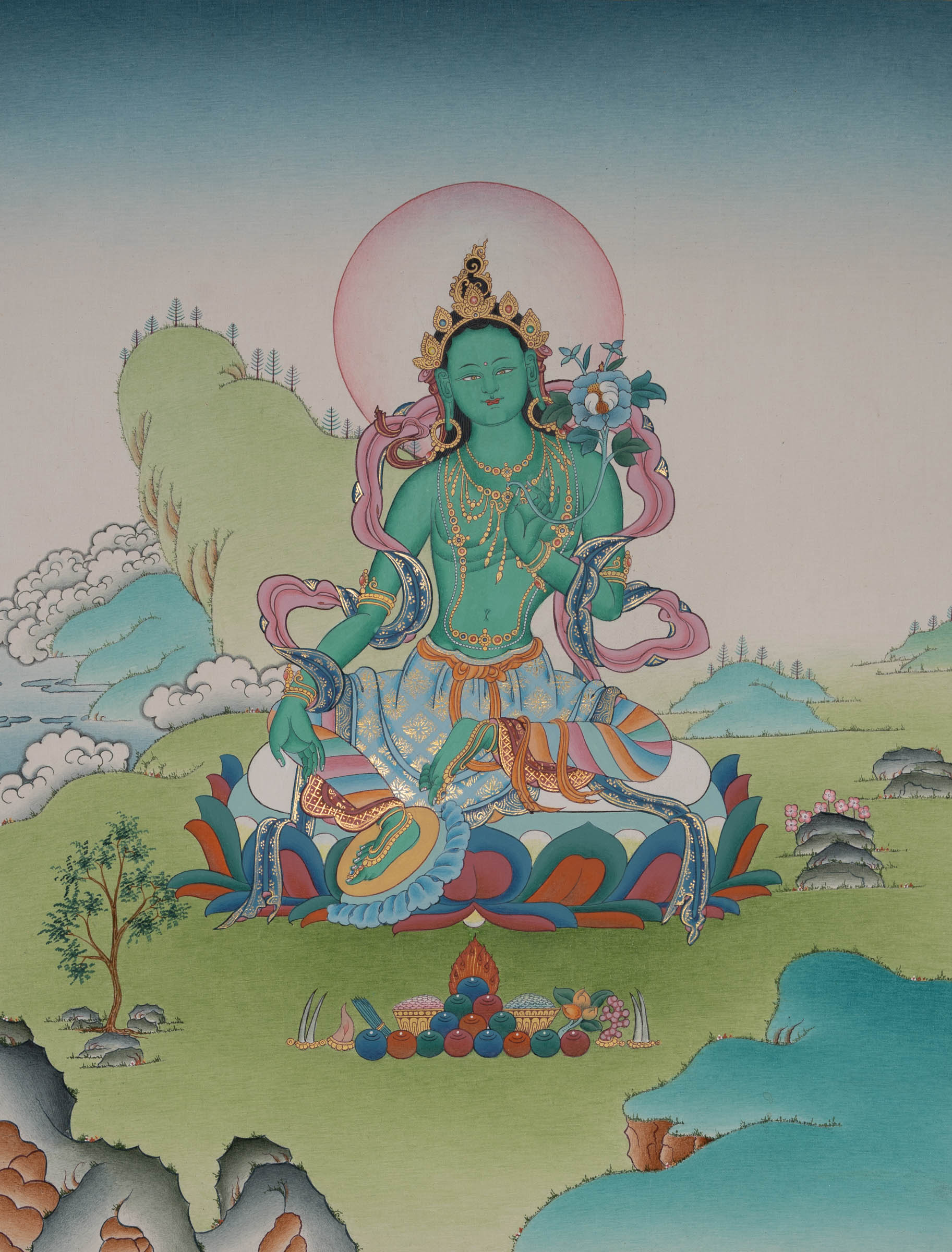 Hand-painted Green Tara Thangka - Tibetan Art