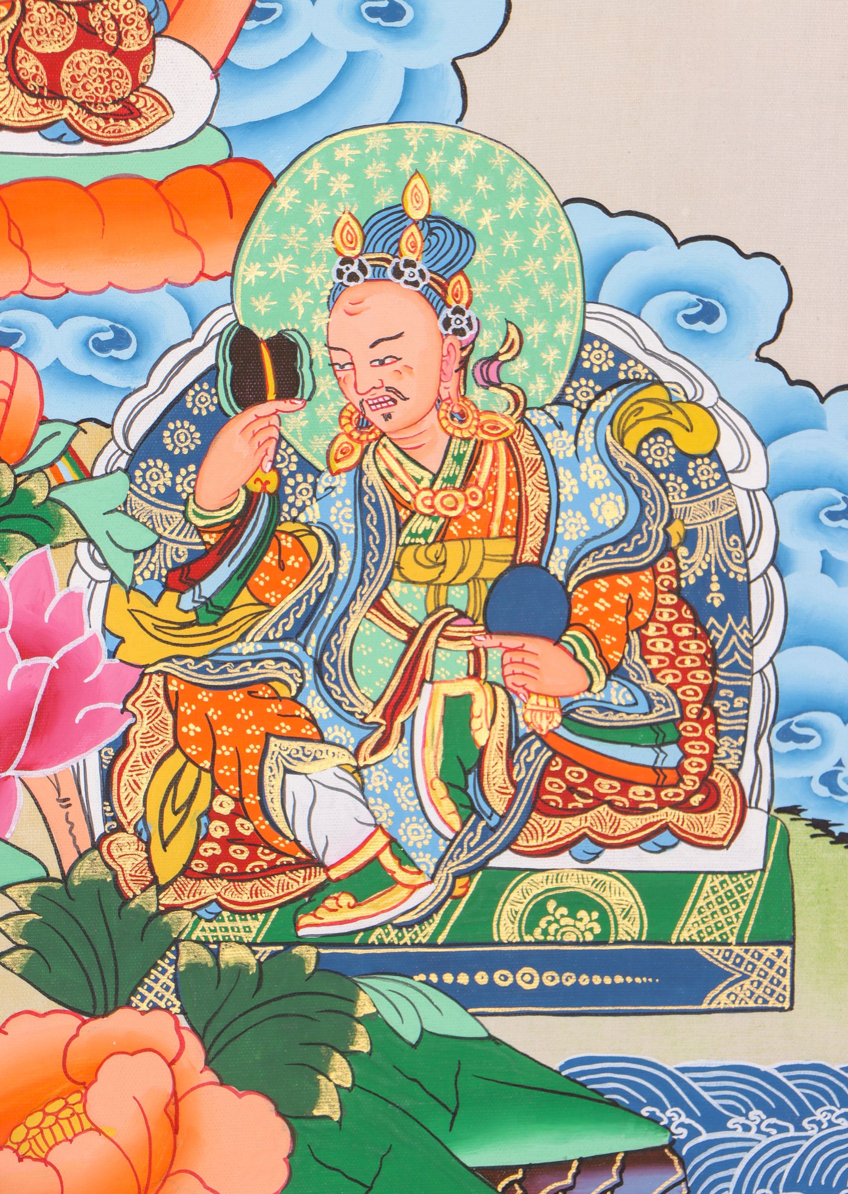 Gandhanra Thangka Tibetano Guru Rinpoche - Arazzo Buddha Con Stampa Dorata E Cornice In Broccato Per Meditazione