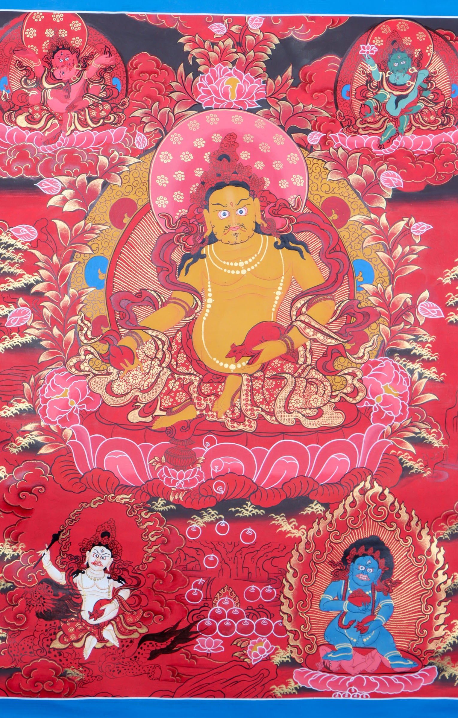 Kuber Thangka for reducing negative energy in red and gold color