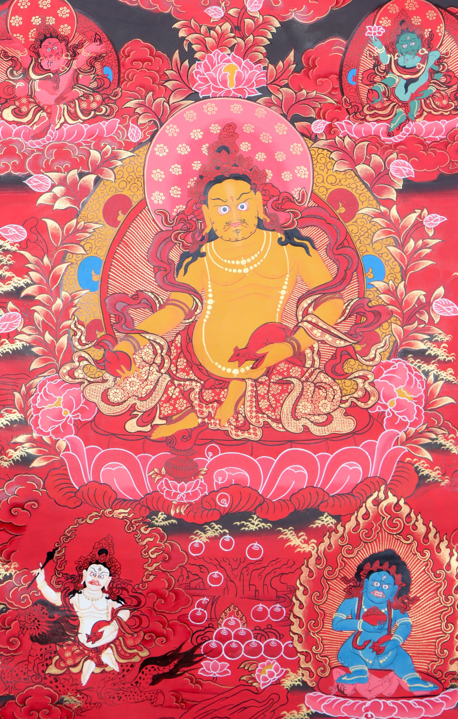 Kuber Thangka for reducing negative energy in red and gold color