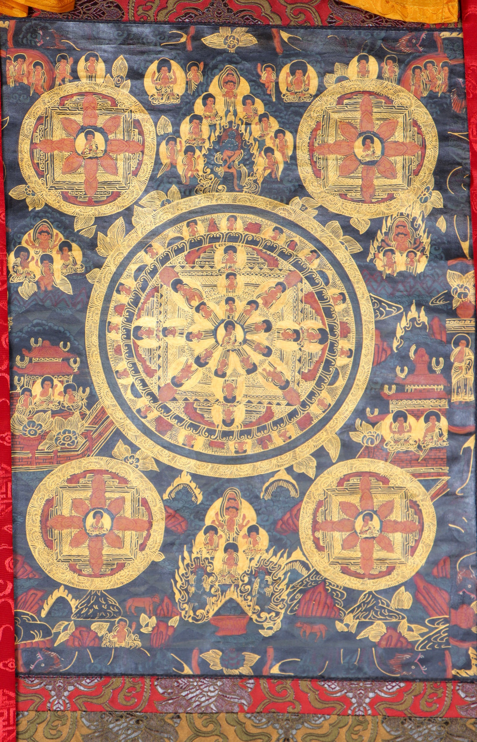 5 Buddha Mandala Brocade Thangka for buddhist ritual.
