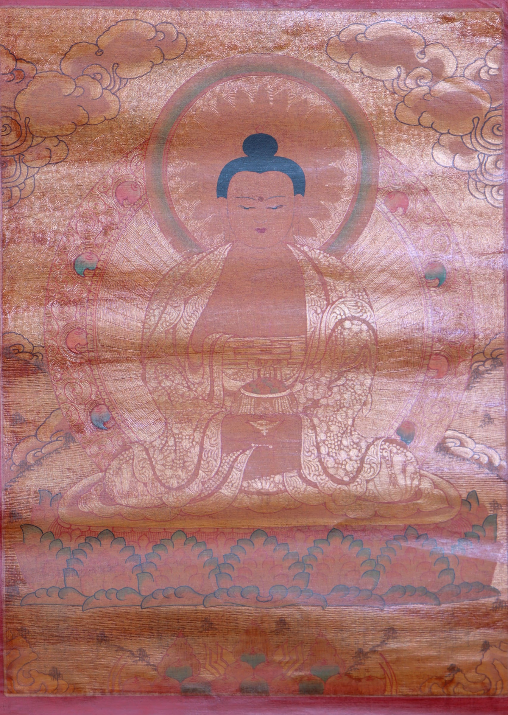 Antique Amitabha Buddha Thangka for wall decor.