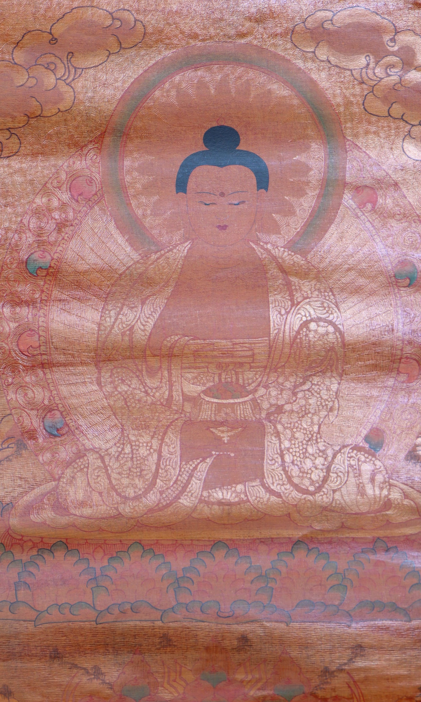 Antique Amitabha Buddha Thangka for wall decor.