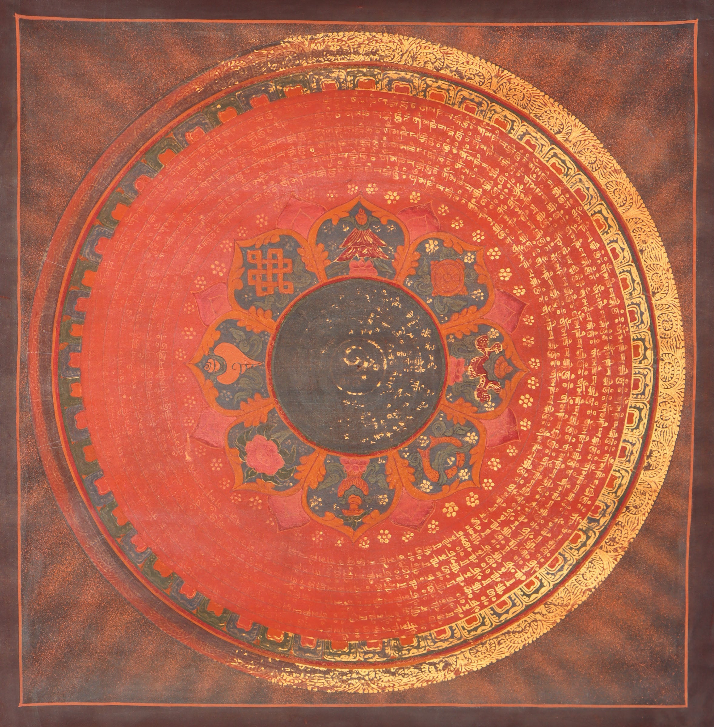 Antique Mantra Mandala Thangka Painting for religious rites and rituals.