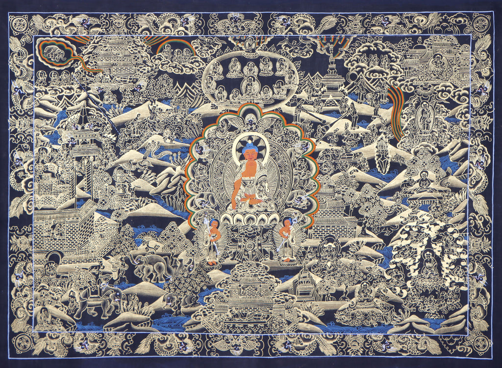 Buddha life thangka for spiritual lectures and ceremonies instructional purposes.