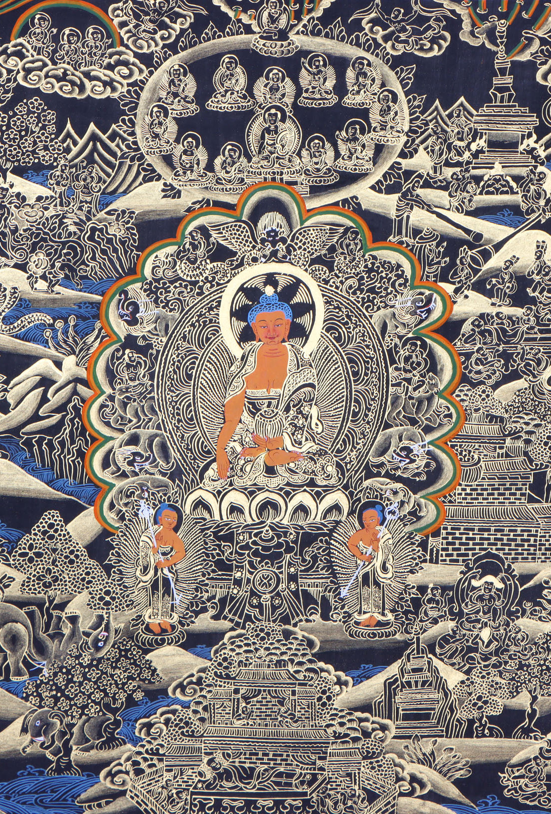 Buddha life thangka for spiritual lectures and ceremonies instructional purposes.