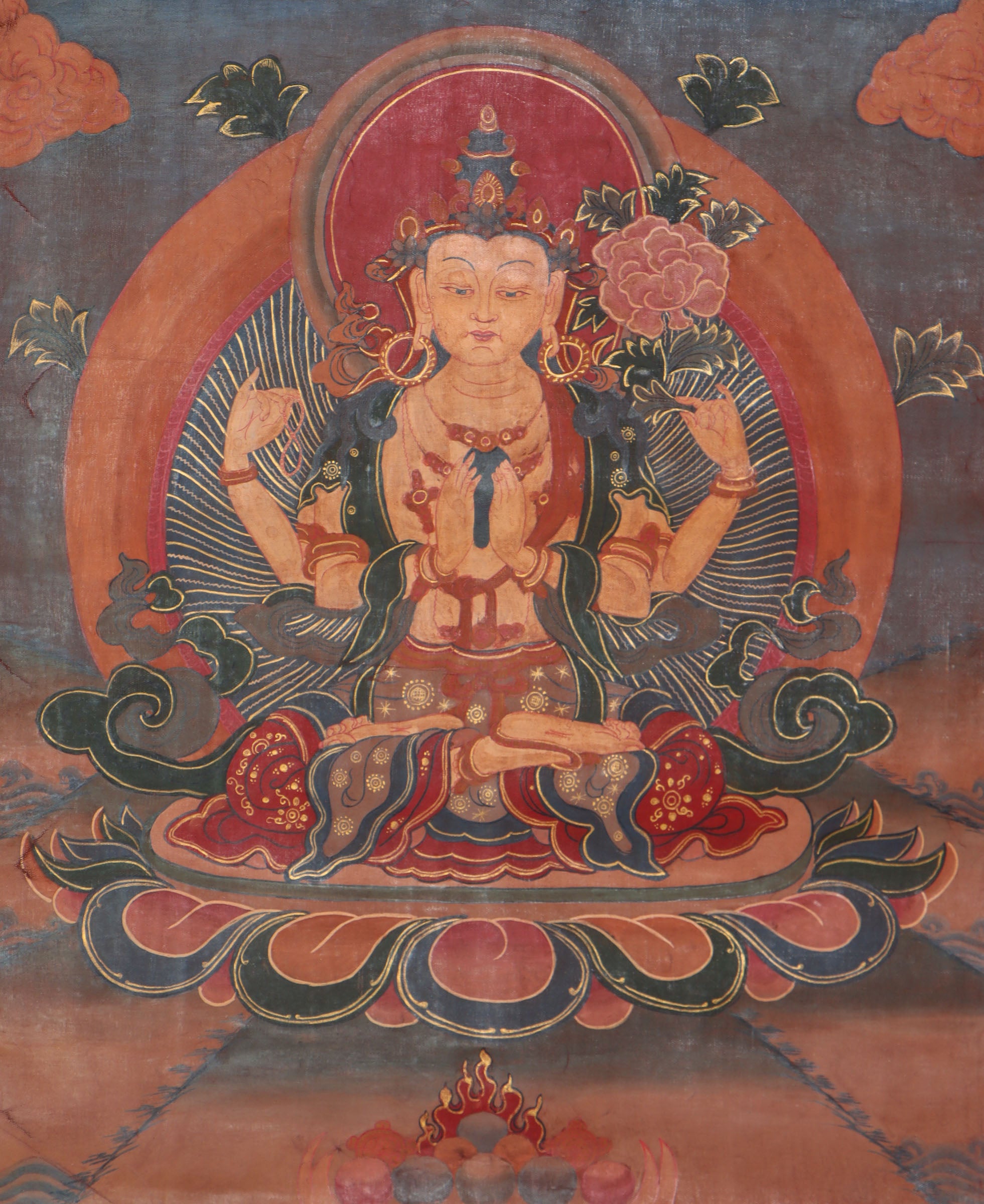 Antique Chengresi Thangka Painting for wall decor.
