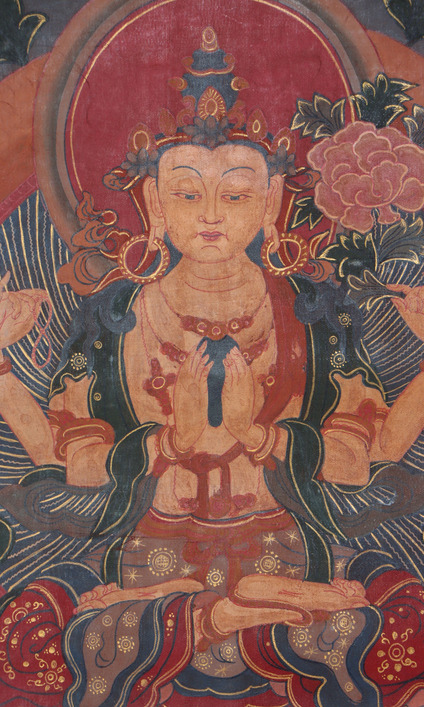 Antique Chengresi Thangka Painting for wall decor.