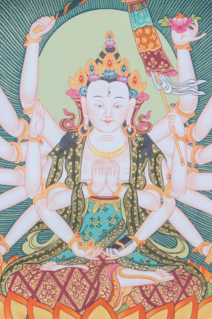 Chundi thangka for the qualities of enlightened wisdom and boundless compassion.