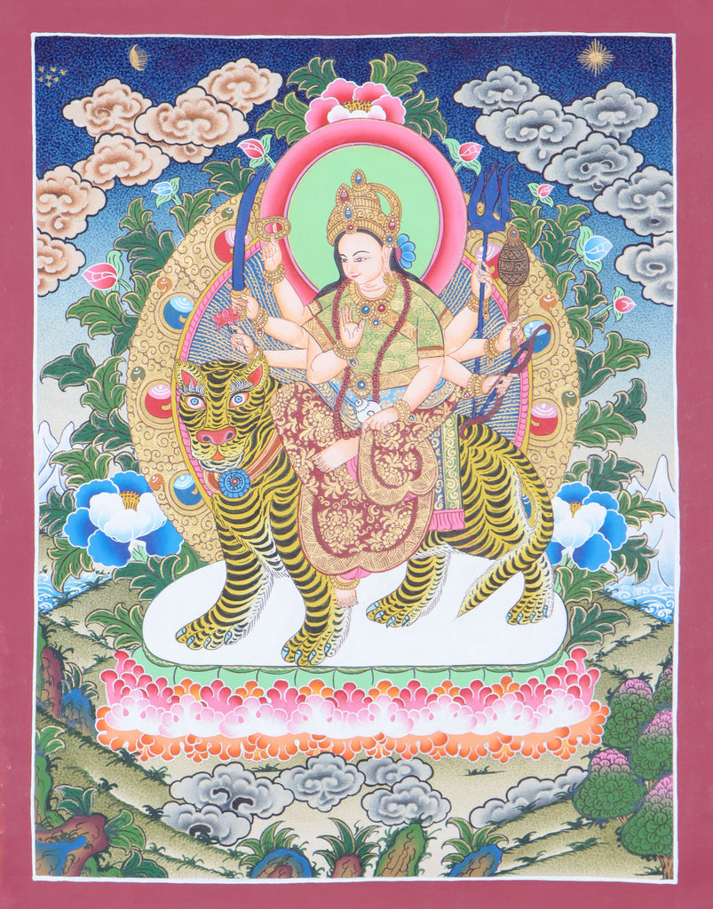 Durga Thangka helps to aid in meditation, spiritual practice, and devotion. 