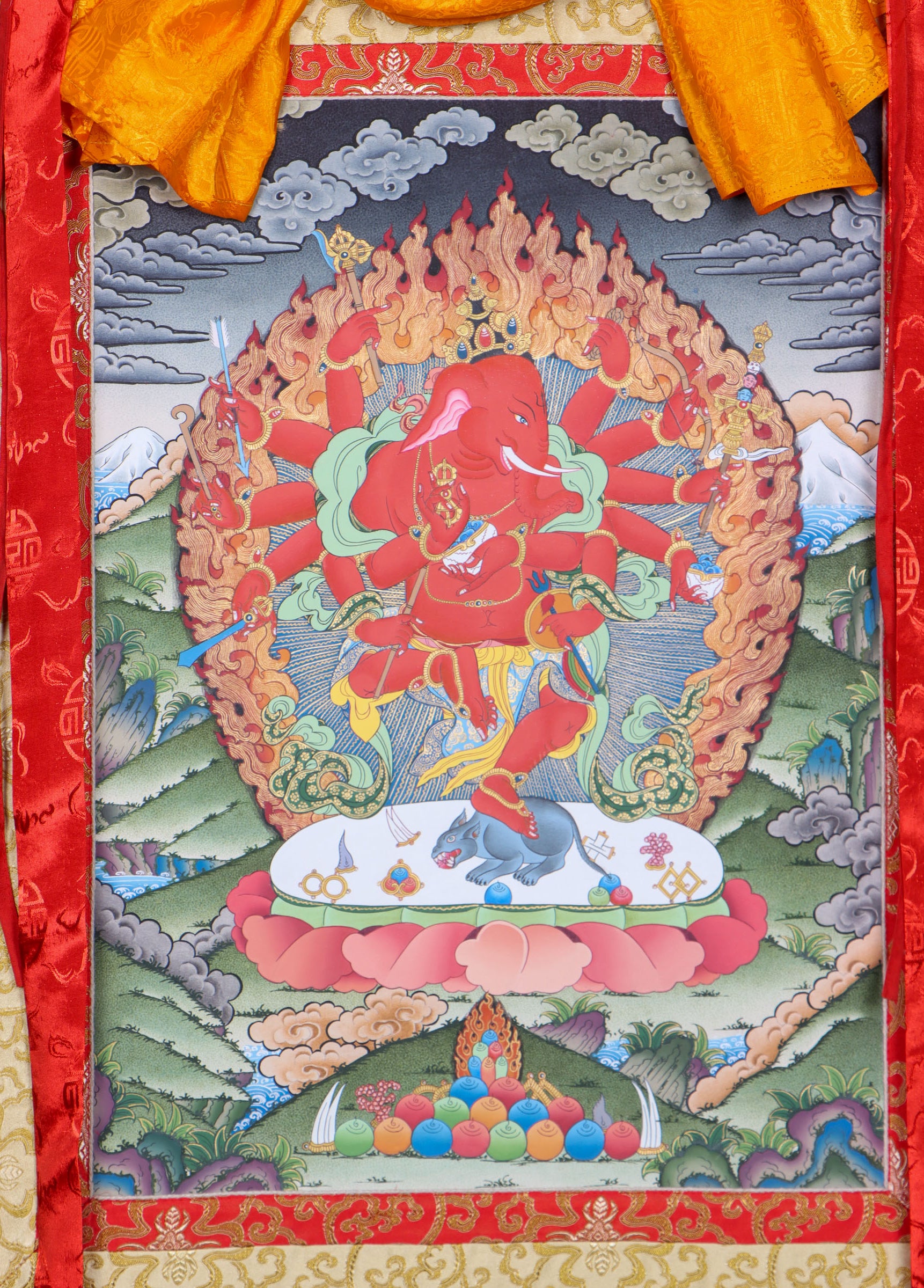Ganesh Brocade Thangka Painting for prayer and devotion.