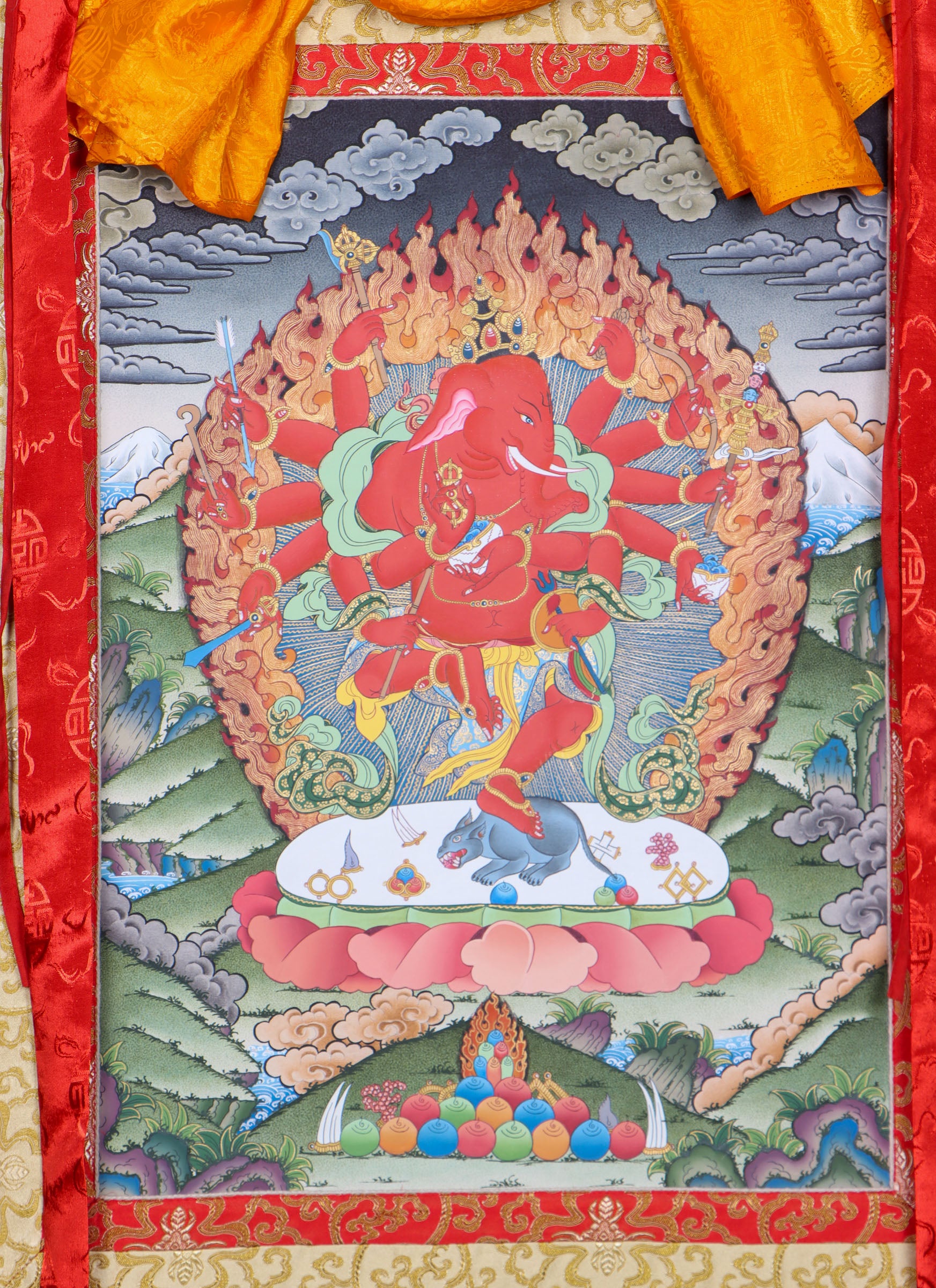 Ganesh Brocade Thangka Painting for prayer and devotion.
