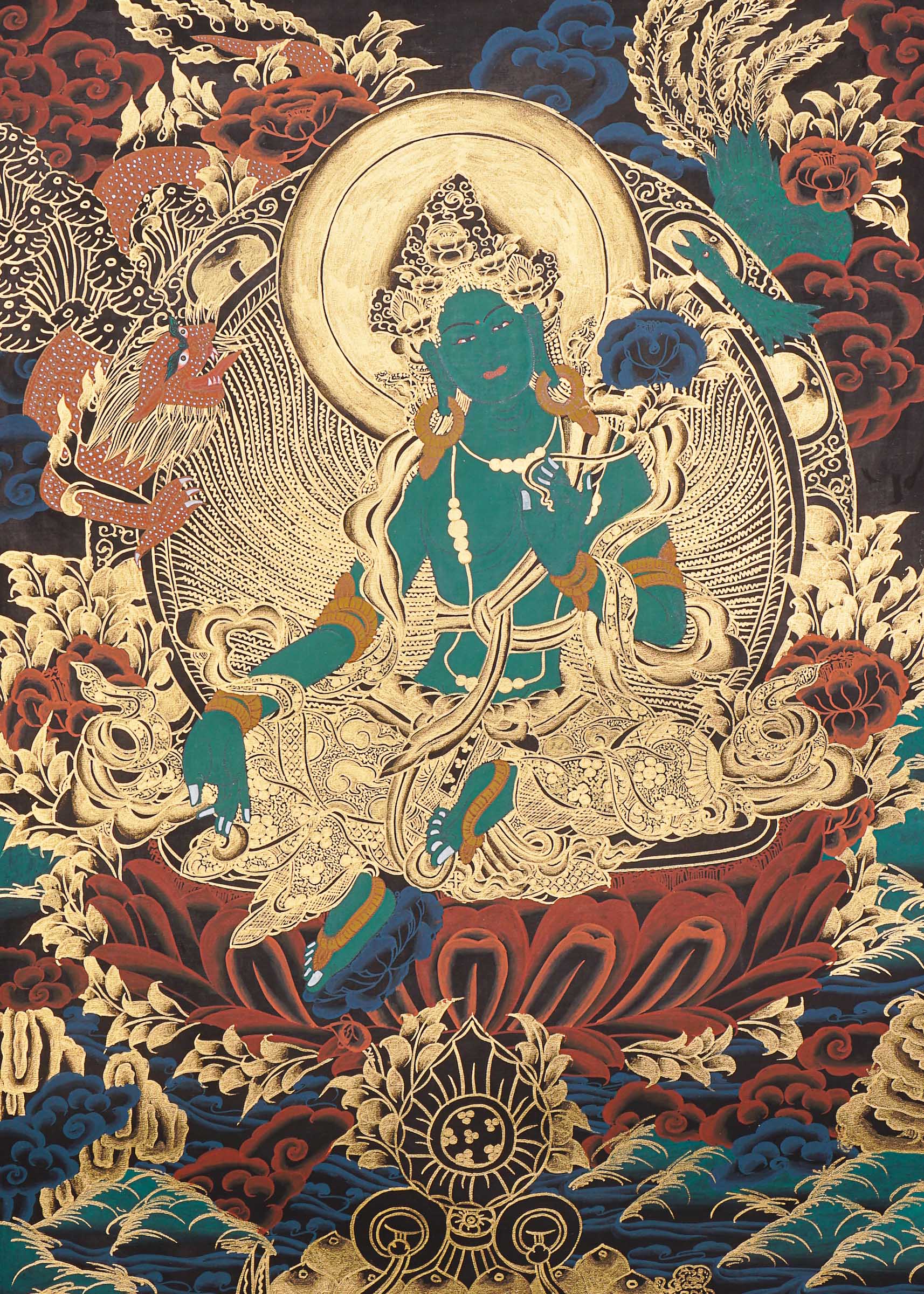 Green Tara Thangka Painting for prayer and meditation.