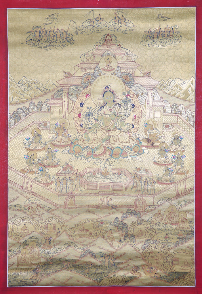 Green Tara Gold Thangka Painting for rituals, meditations, and prayers.