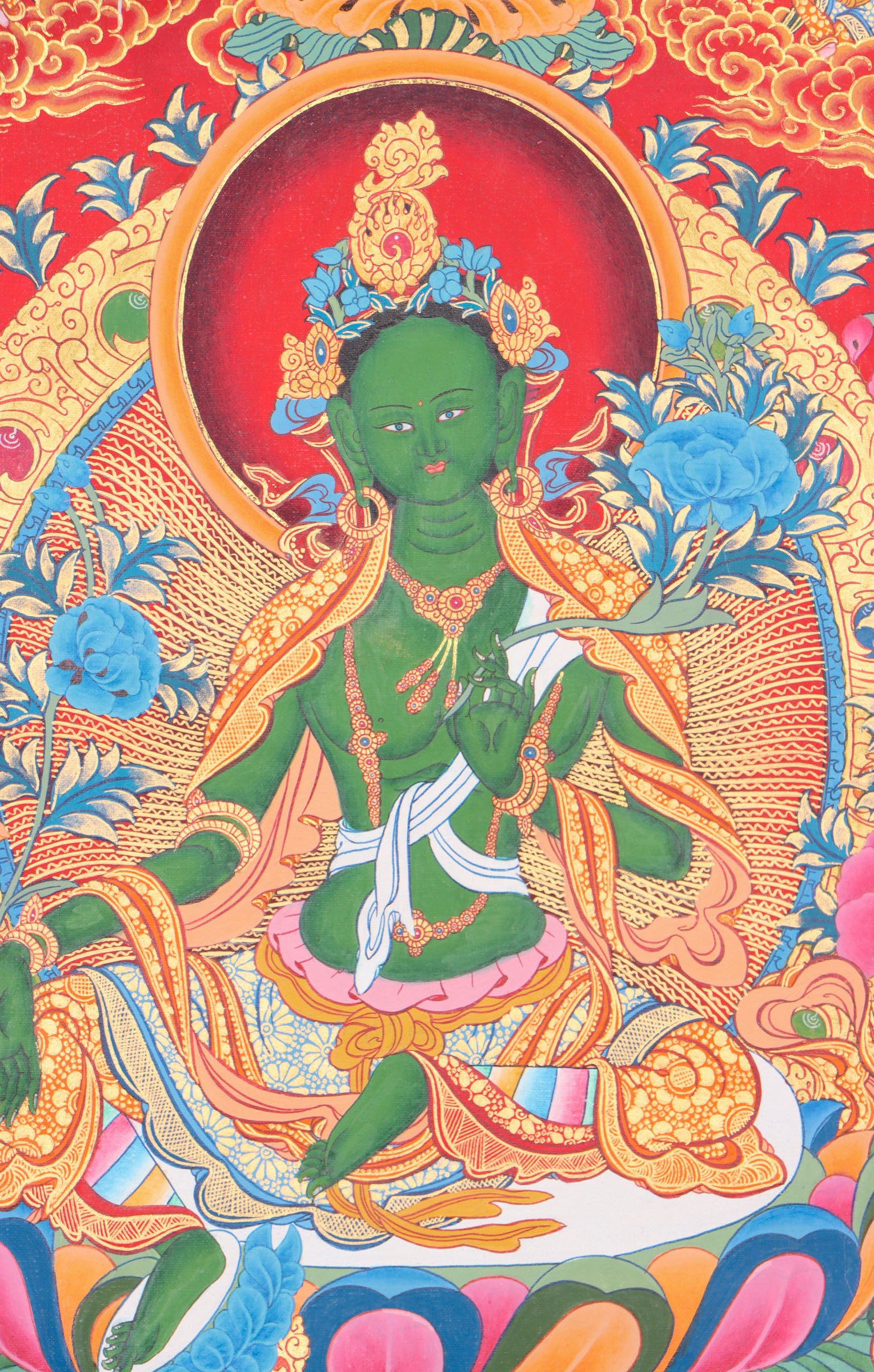 Green Tara Thangka for wall decor and prayer.
