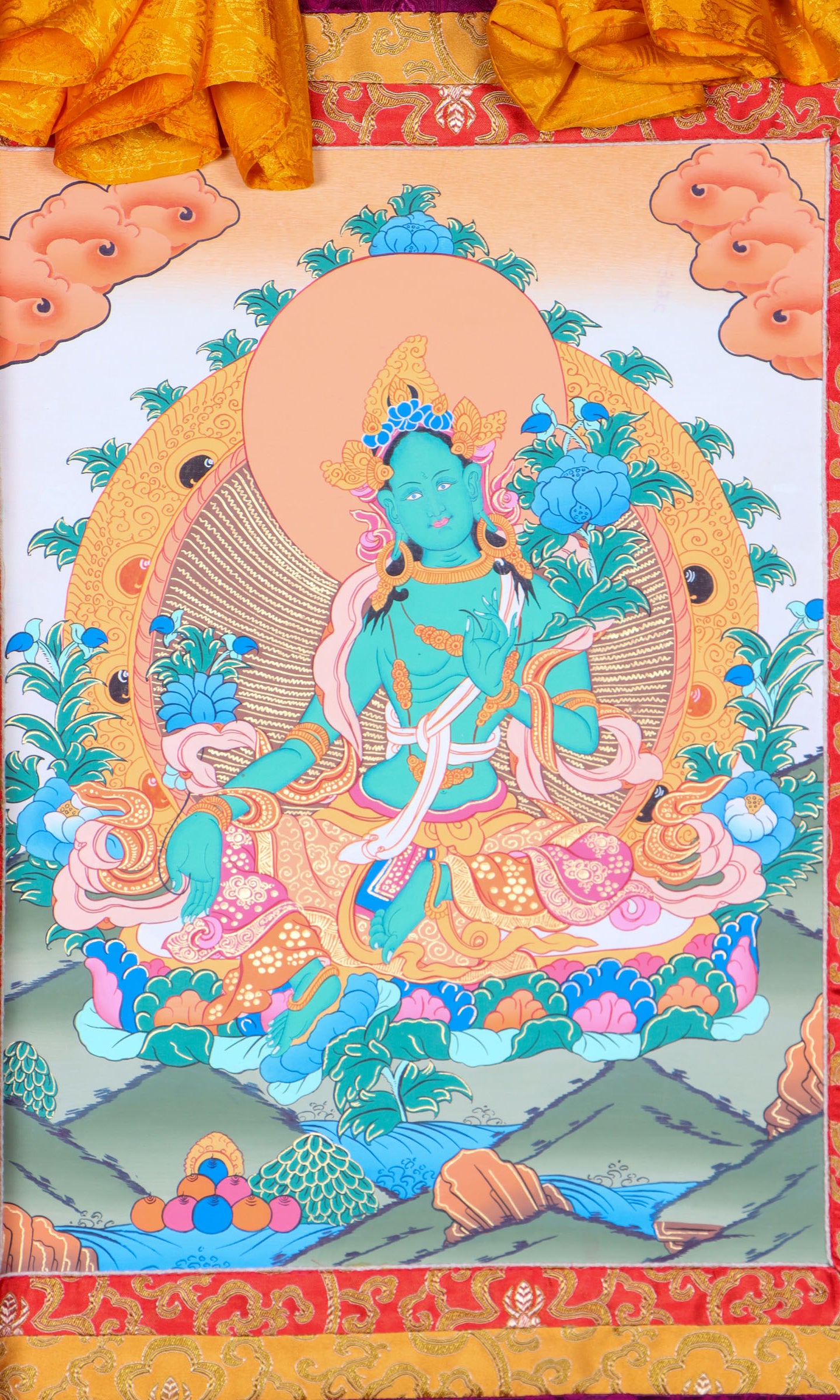 Green Tara Brocade Thangka Painting for meditation.
