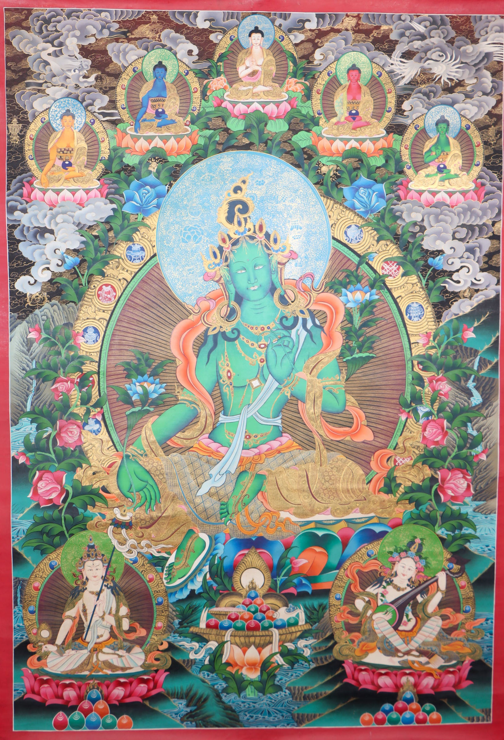 Green Tara Thangka Painting for meditation.Large green tara thangka
