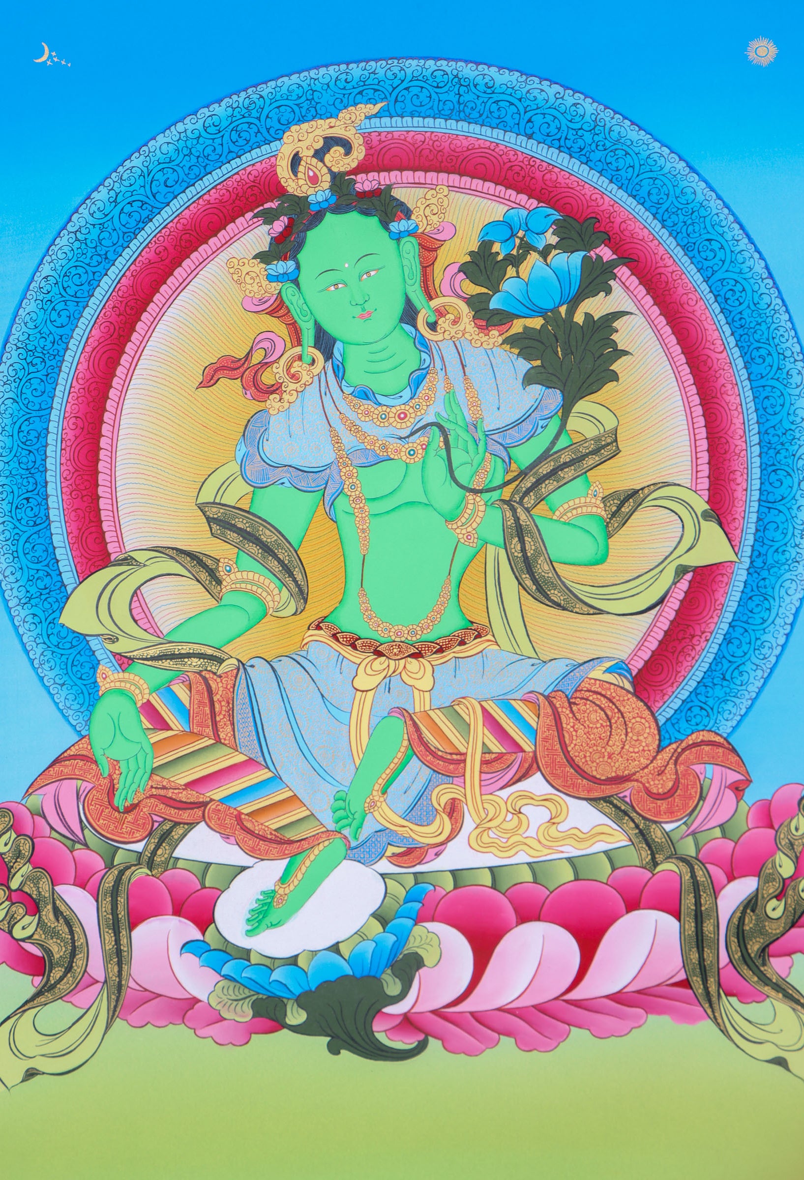 Green Tara Thangka Painting for wall decor.
