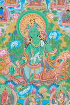 Green Tara Brocade Thangka Painting for wall hanging decor.