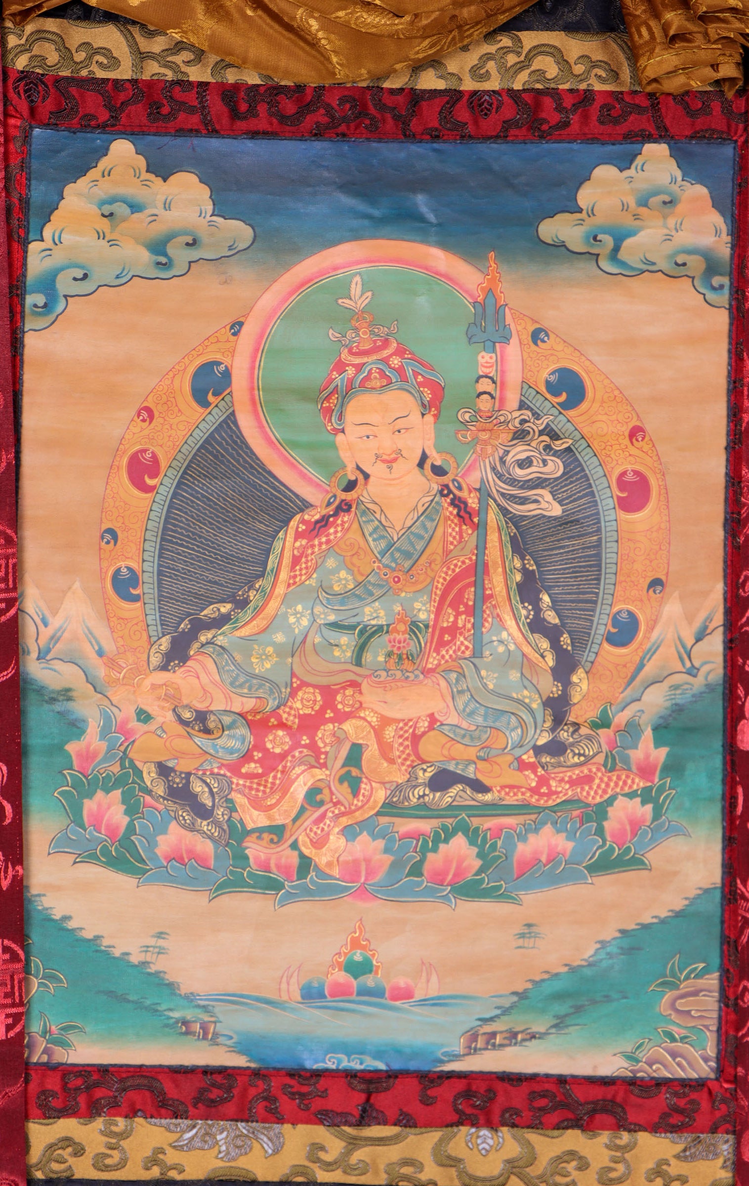 Guru Rinpoche Brocade Thangka for wall decor.