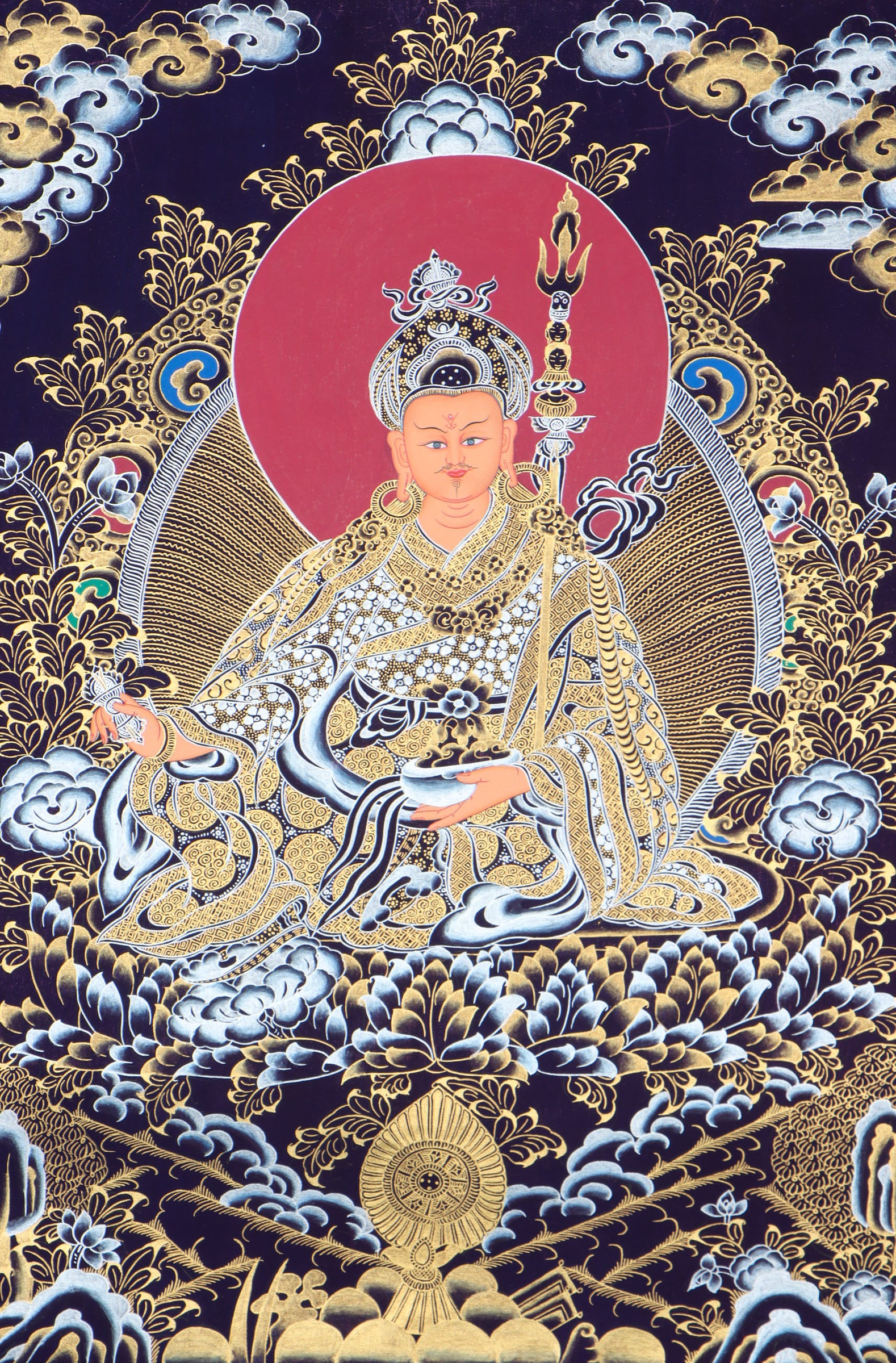 Guru Rinpoche Thangka for various features of his enlightened practices and lessons.