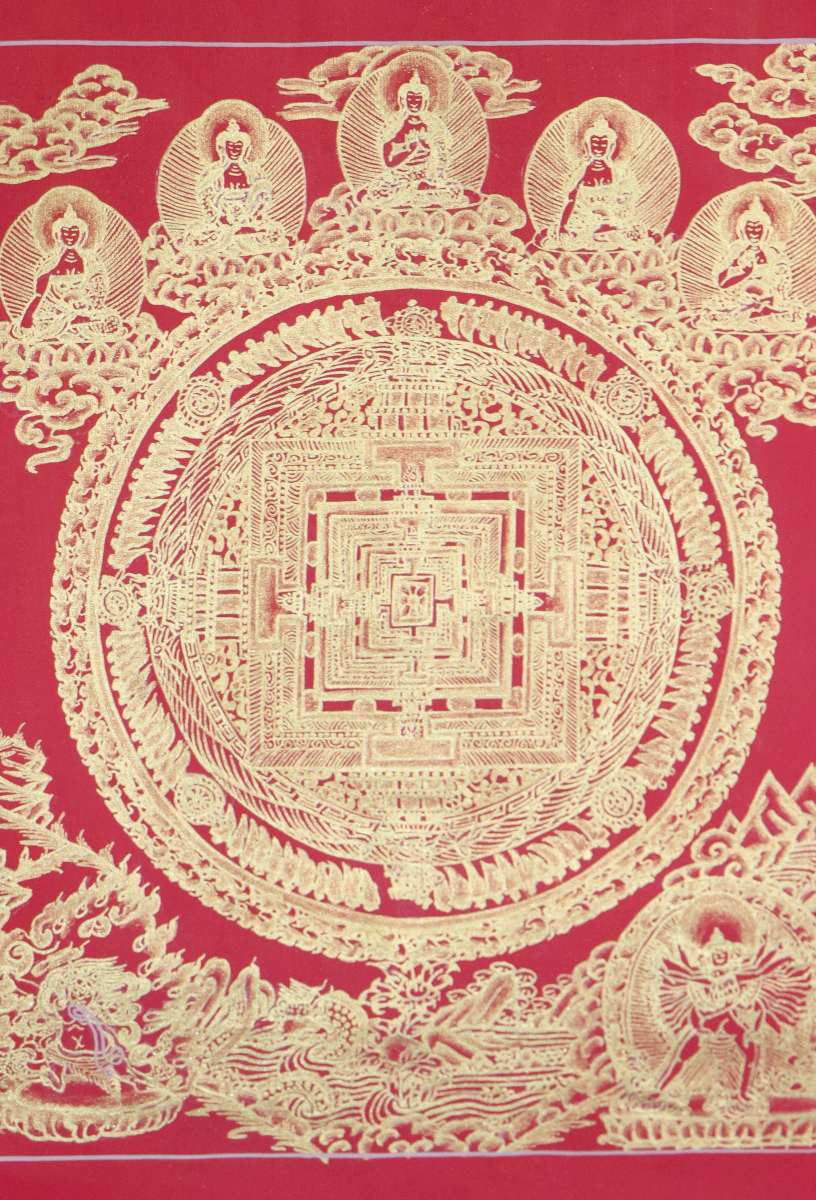 Red & Gold Kalchakra Mandala Thangka painting on cotton canvas for wall hanging 