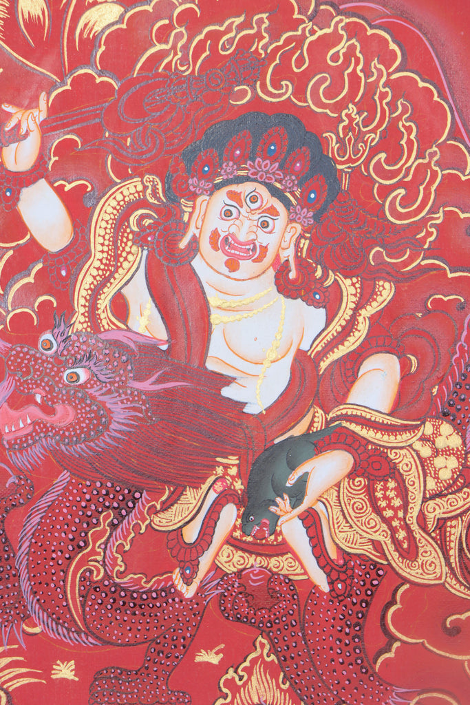 Pancha Zambala Thangka Painting on red background